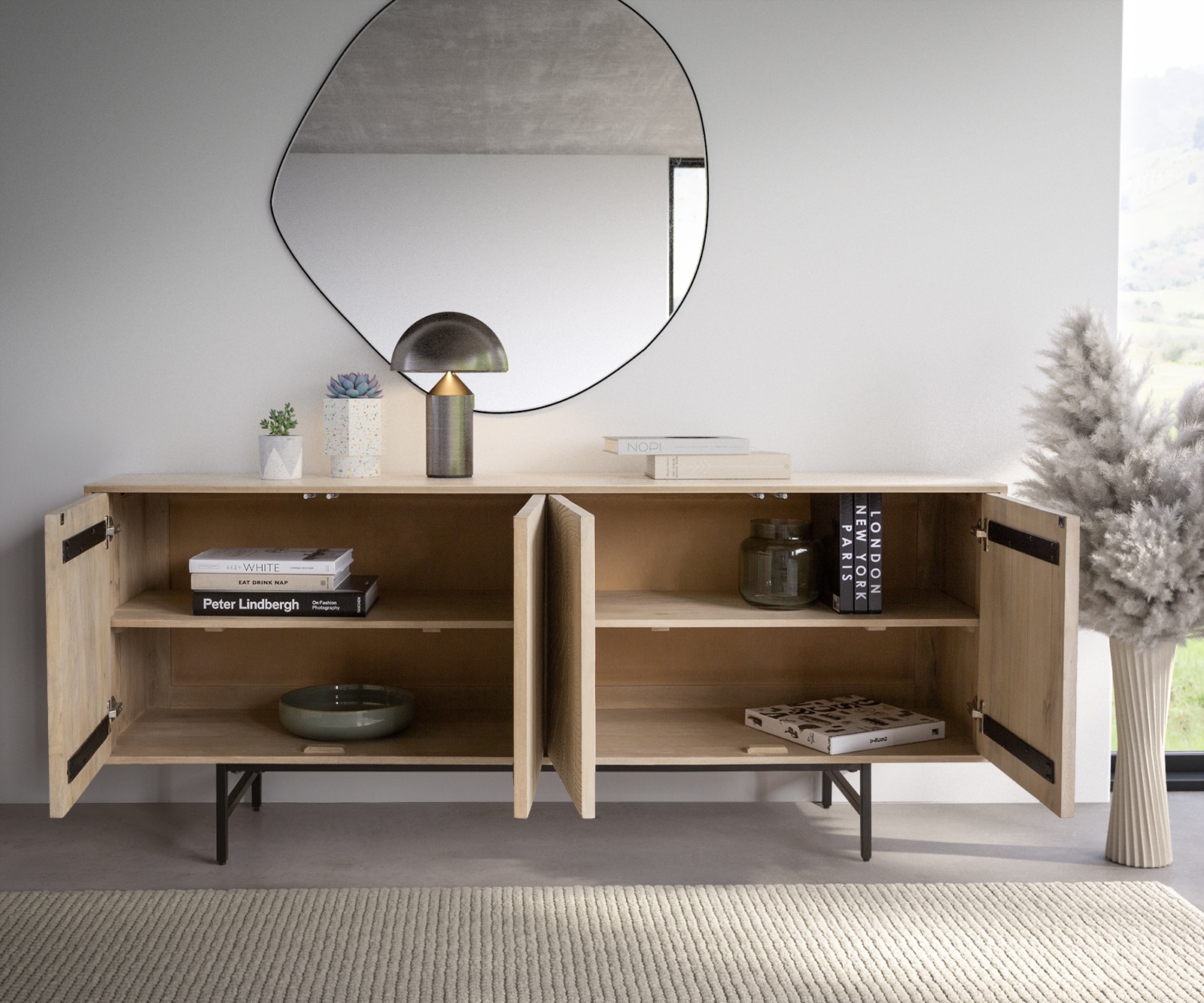 Sideboard Wiara 180 cm Mango White Wash Metall Schwarz 4 Türen 3 Sideboard Wiara 180 cm Mango White Wash Metall Schwarz 4 Türen 3