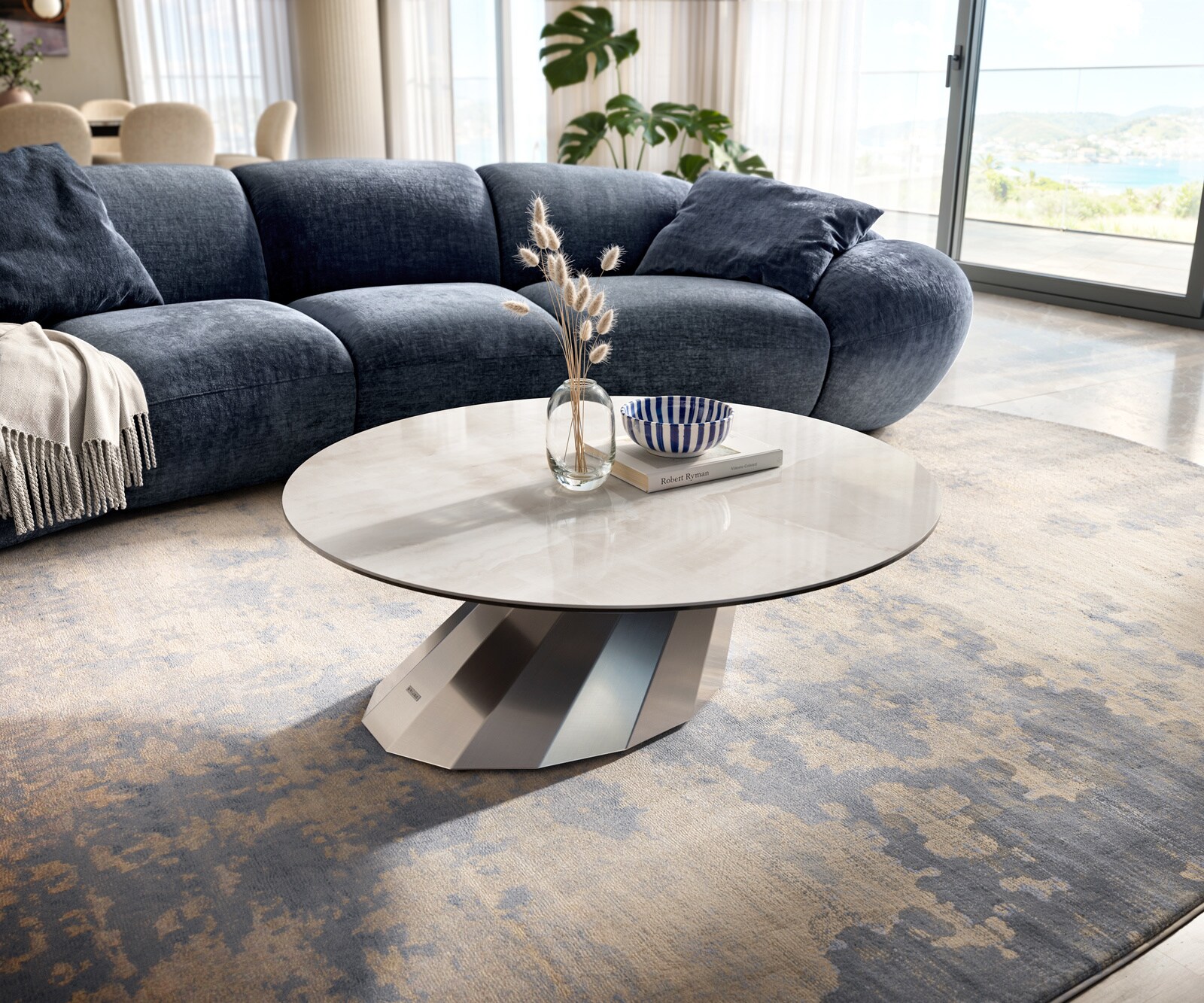 Couchtisch Edge Rund 100x100 cm Keramik Onyx Champagne Parabi Edelstahl gebürstet