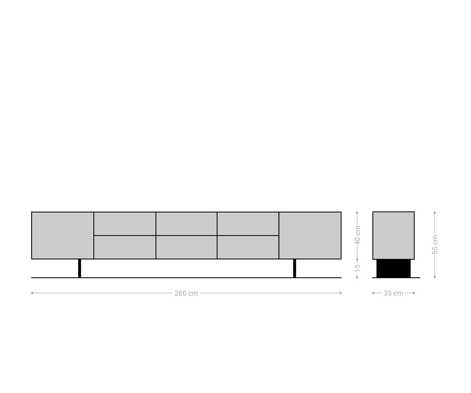 Lowboard Solu 260 cm Eiche Natur 2 Türen 6 Schübe Fuß schwebend Metall Schwarz 3D-Front 6
