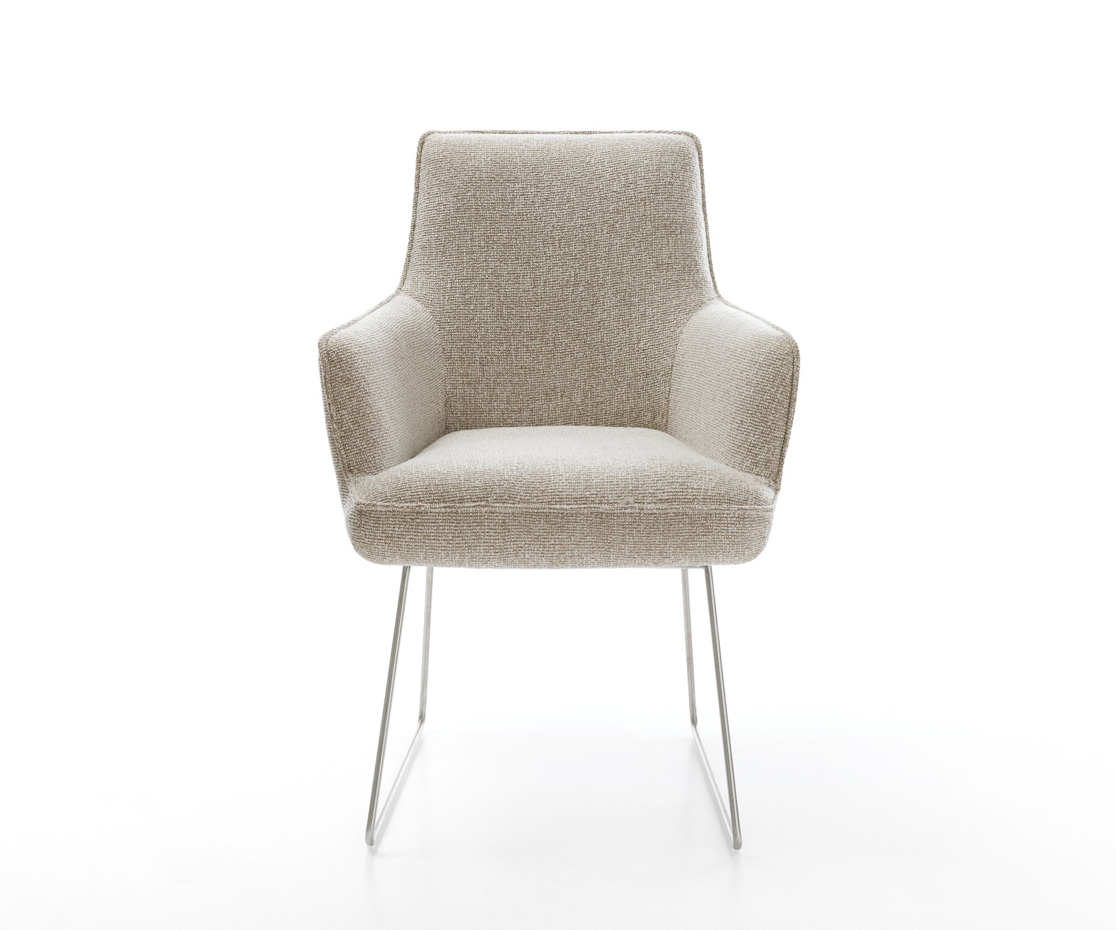 Esszimmerstuhl Heira-Flex mit Armlehnen Webstoff Soft Beige Kufengestell Edelstahl Taschenfederkern 2