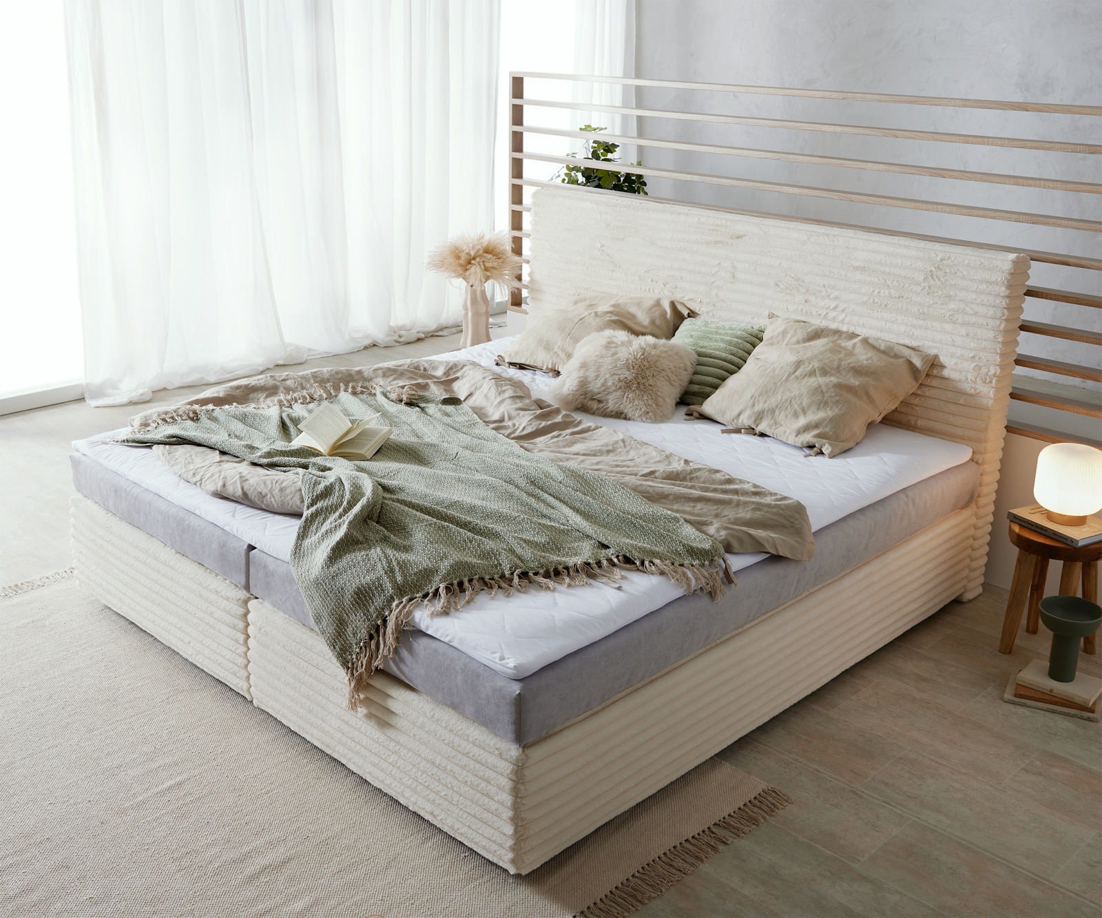 Boxspringbett Dream-Well Plüsch-Cord Beige 200x200 cm Bonell-Matratze PU-Topper 3 Boxspringbett Dream-Well Plüsch-Cord Beige 200x200 cm Bonell-Matratze PU-Topper 3