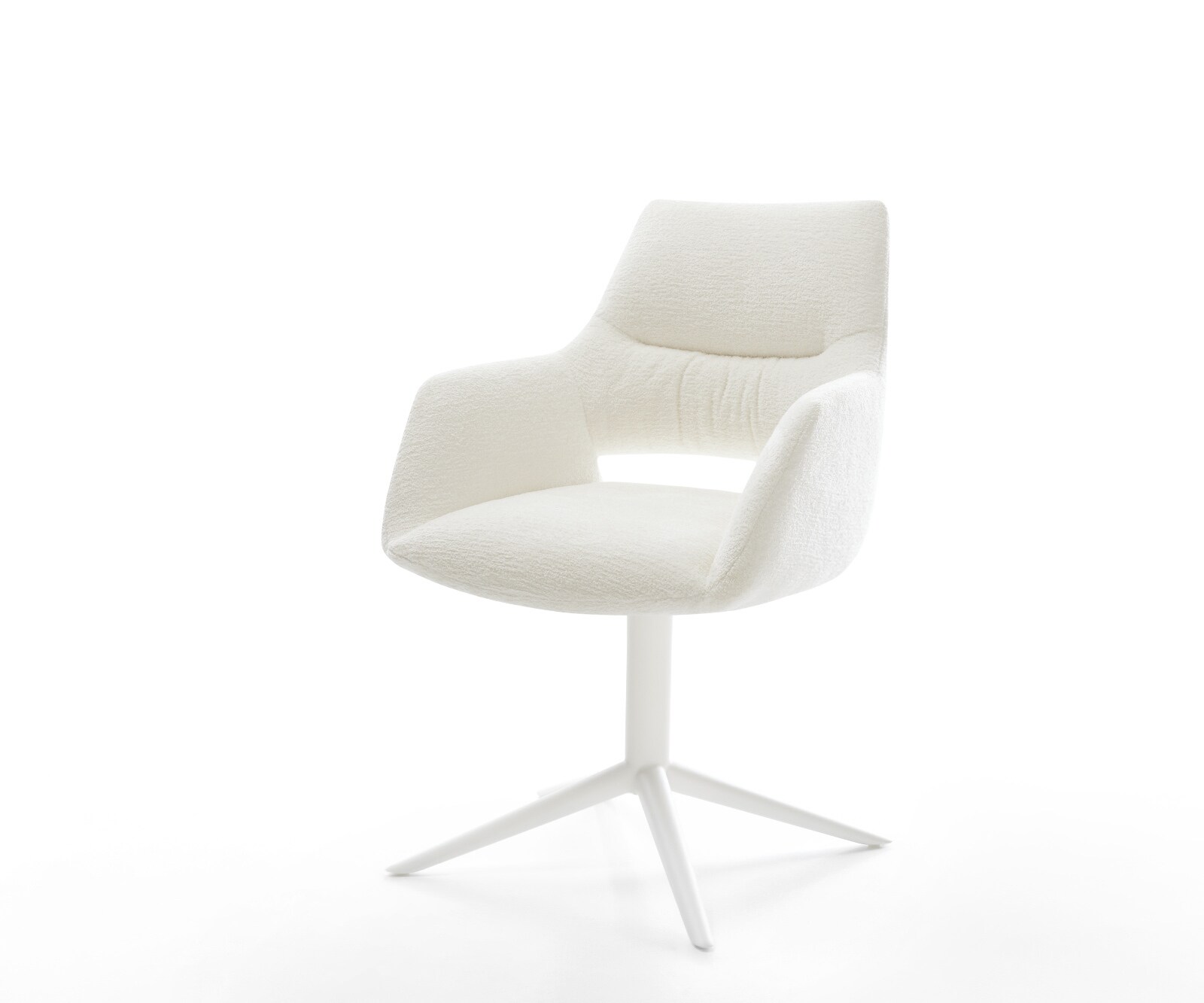 Drehstuhl Yago-Flex mit Armlehnen Bouclé Soft Beige Fußkreuz Weiß 360° drehbar Wippfunktion Taschenfederkern