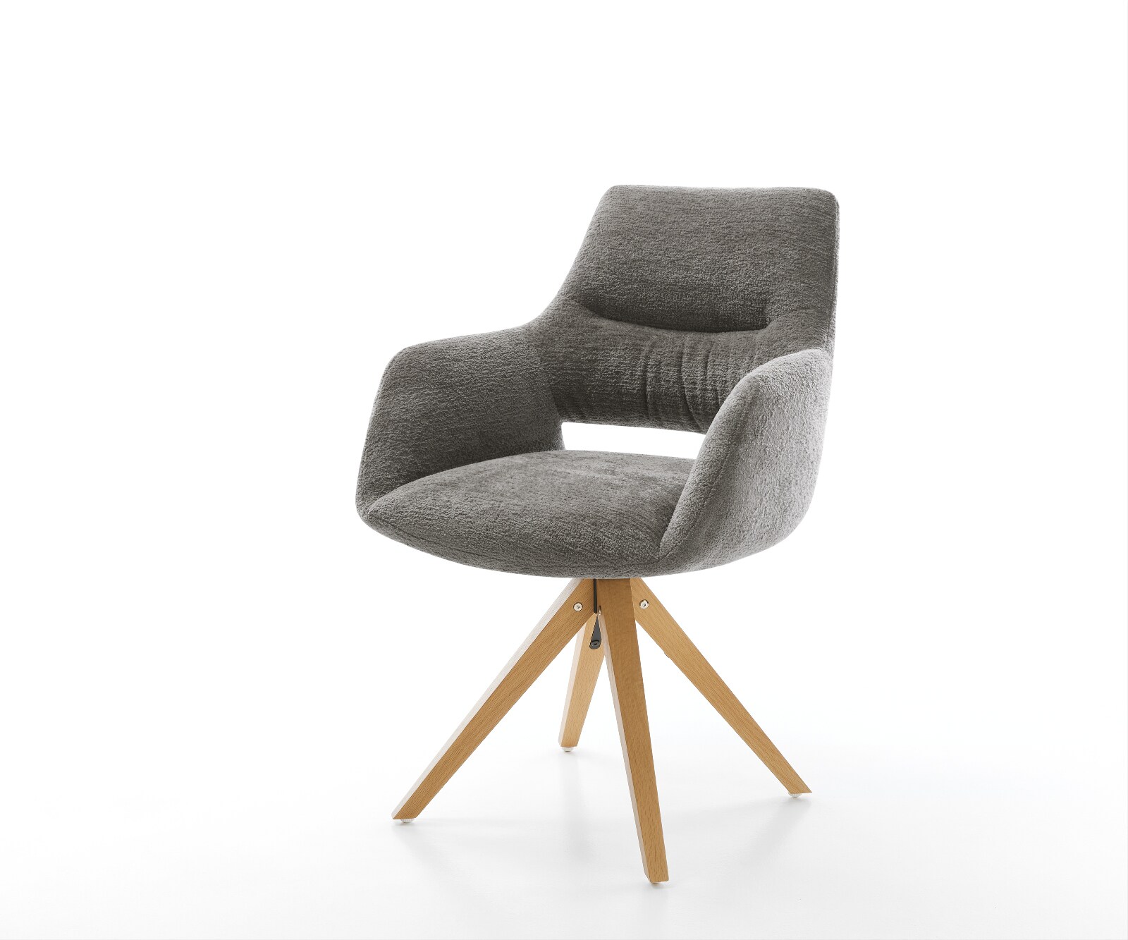 Drehstuhl Yago-Flex mit Armlehnen Bouclé Soft Schlamm Holzgestell kantig Natur 180° drehbar Taschenfederkern