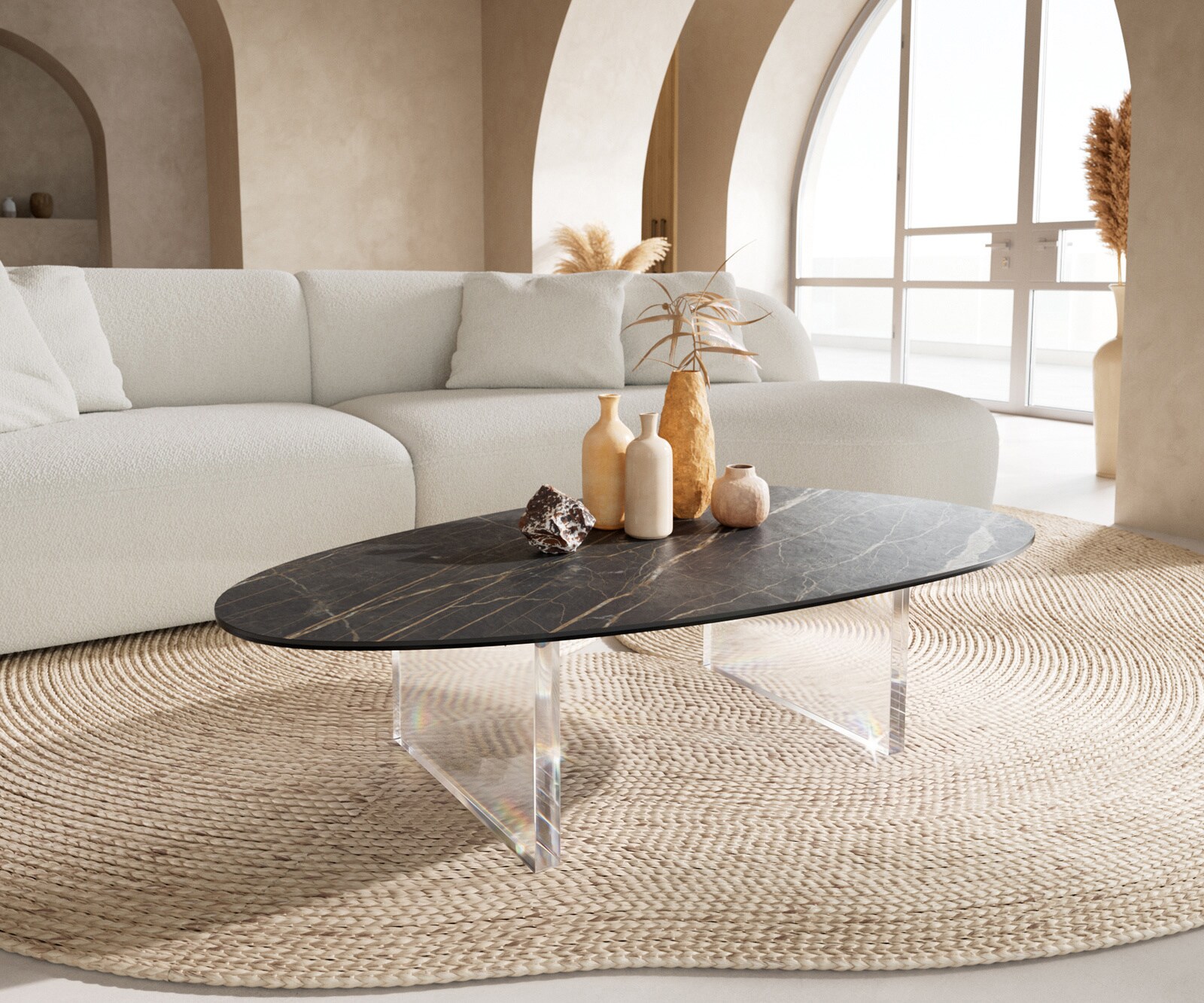Couchtisch Edge Oval 140x75 cm Keramik Laminam® Noir Desir Braun Lumia Acryl 1