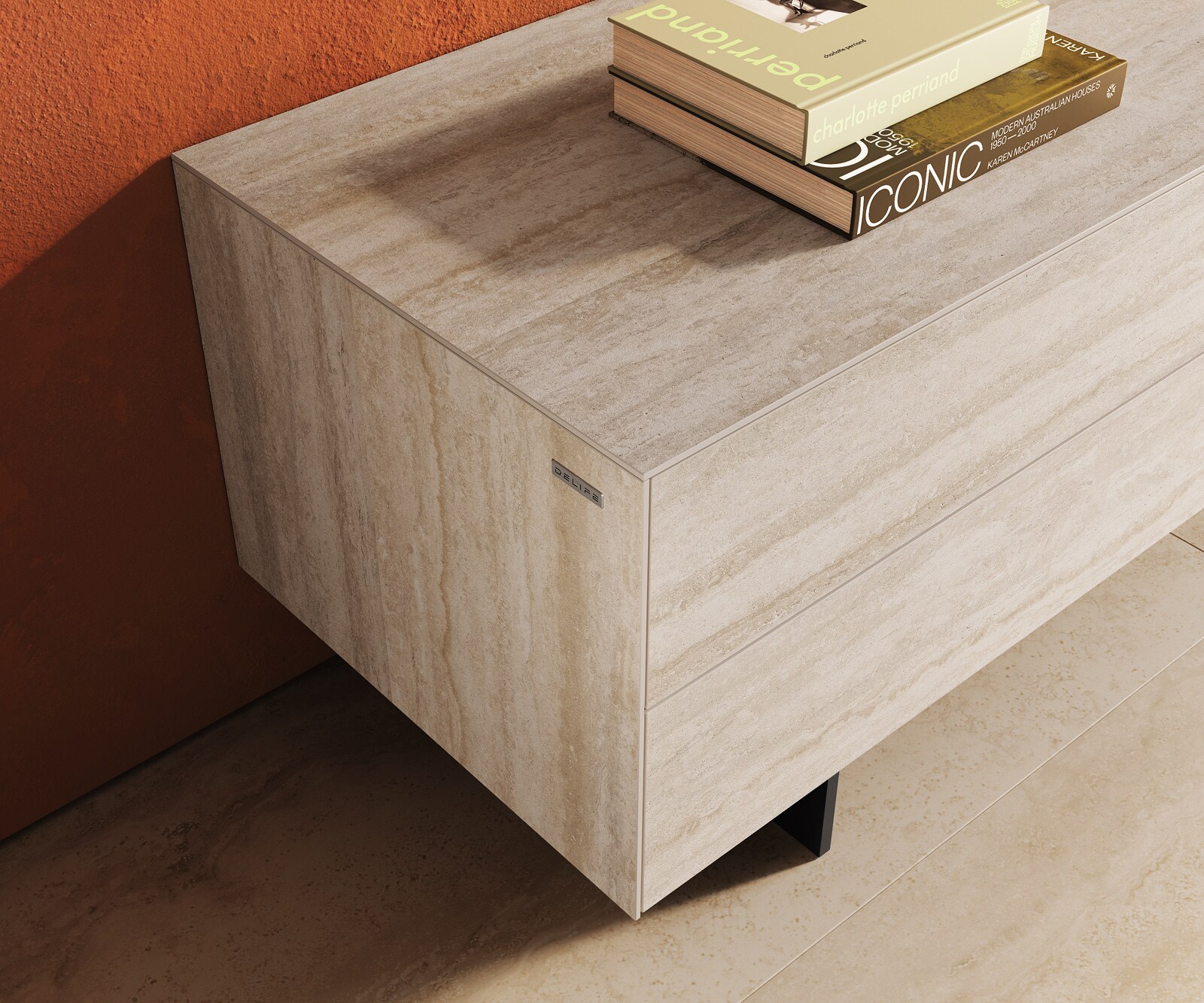 Lowboard Cuor 180 cm Keramik Laminam® Travertino Bianco Creme-Weiß 1 Klappe 2 Schubfächer Fuß Schwebeoptik Metall Schwarz 5