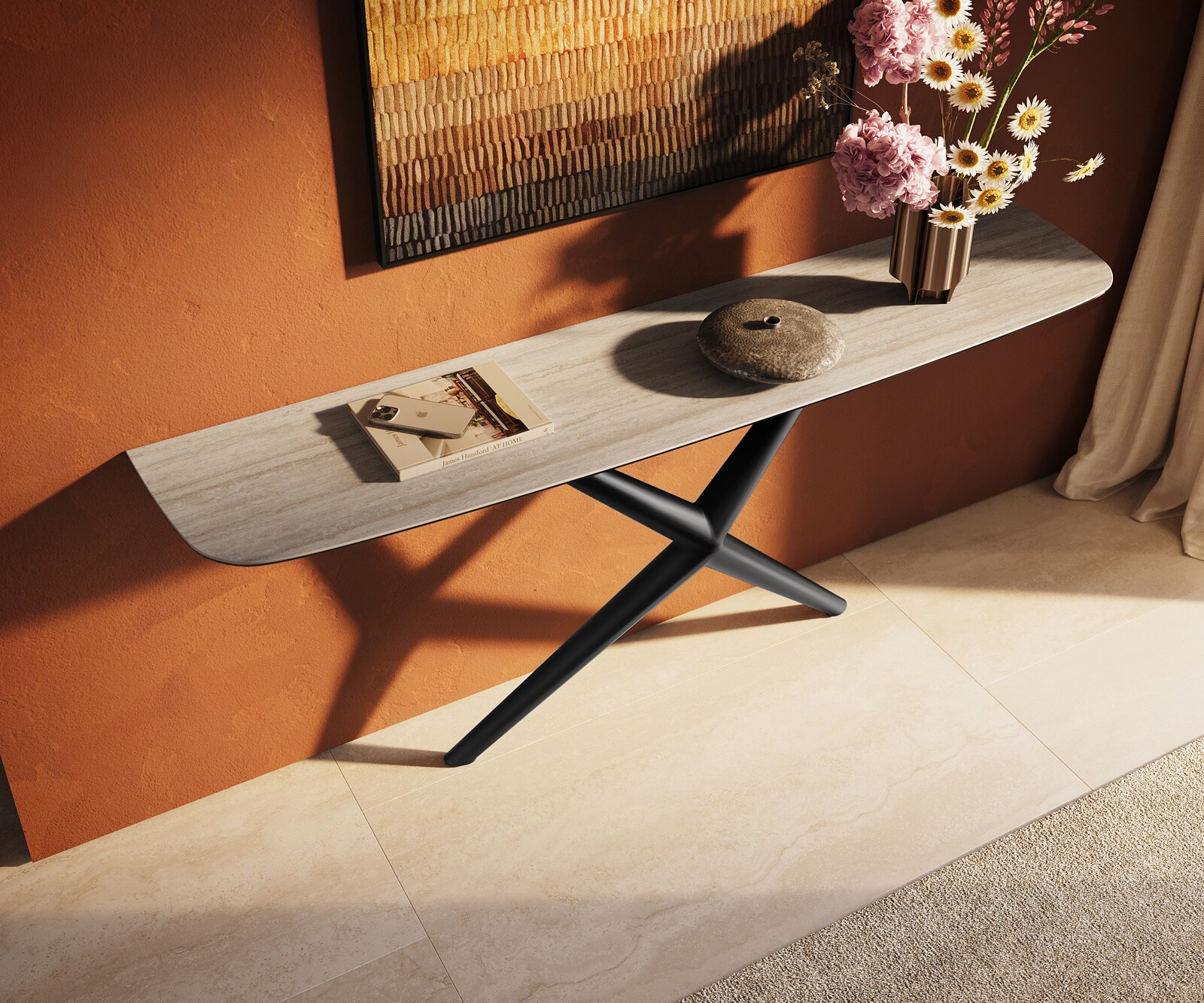 Konsolentisch Edge Boot 180x40 cm Keramik Laminam® Travertino Bianco Creme-Weiß Estelo Metall Schwarz 3
