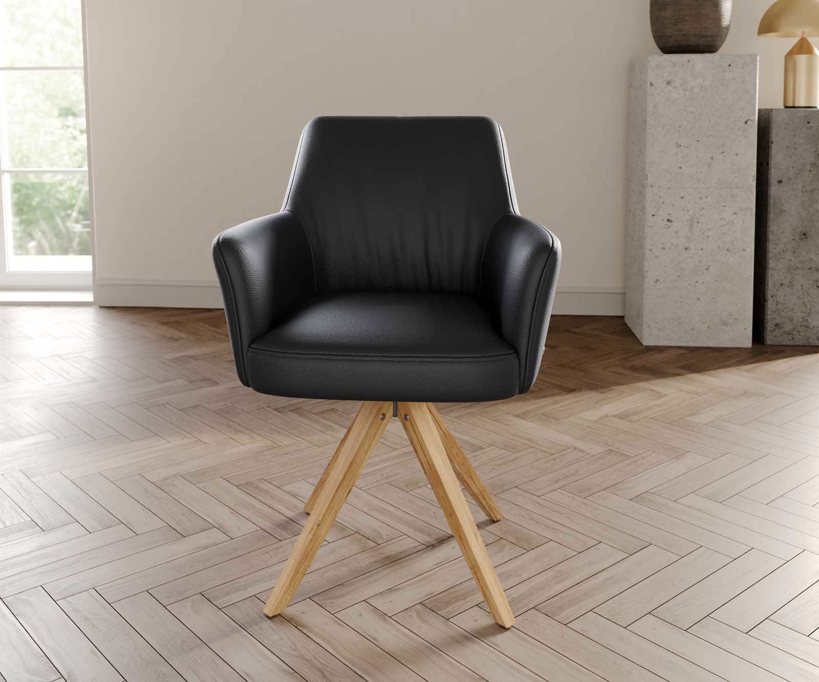 Drehstuhl Xana-Flex mit Armlehnen Echt-Leder Schwarz Holzgestell kantig Natur 180° drehbar Taschenfederkern 1