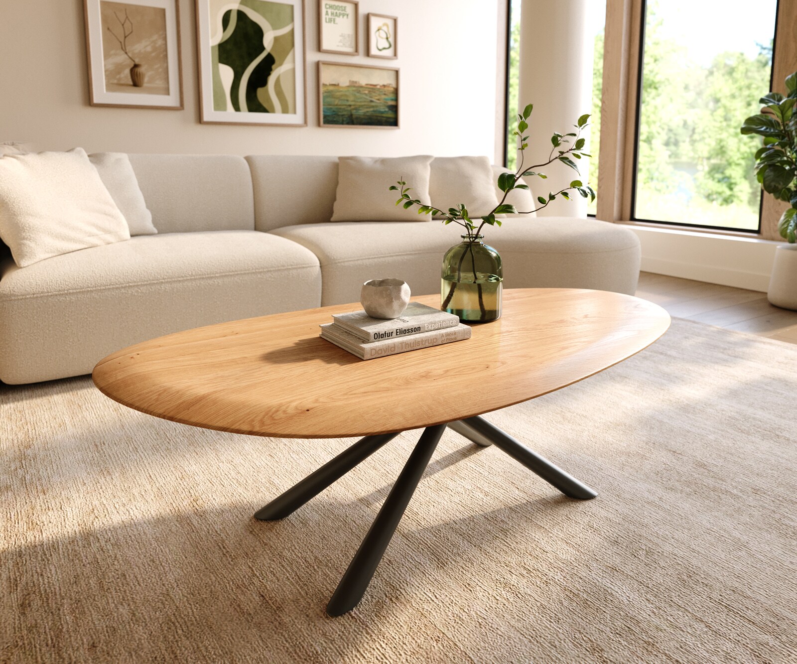 DELIFE Couchtisch Edge Oval 140x75 cm Eiche Natur Runde Kante Sarity Metall Schwarz