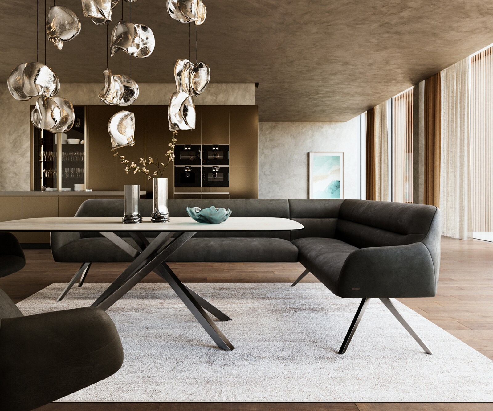 Esszimmerbank Taya-Flex 285x190 cm Mikrofaser Anthrazit Vintage Kreuzgestell kantig Graphit Taschenfederkern Links 2