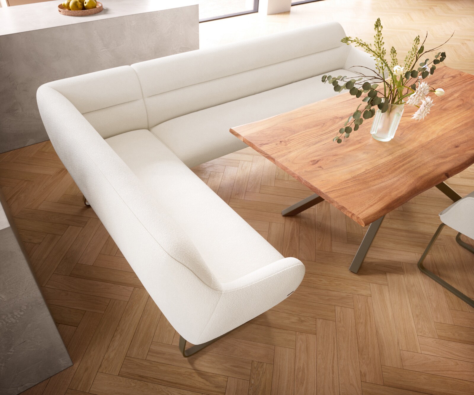 Esszimmerbank Taya-Flex 285x190 cm Bouclé Creme-Weiß Kufengestell flach Effektfinish Titan Taschenfederkern Rechts 4