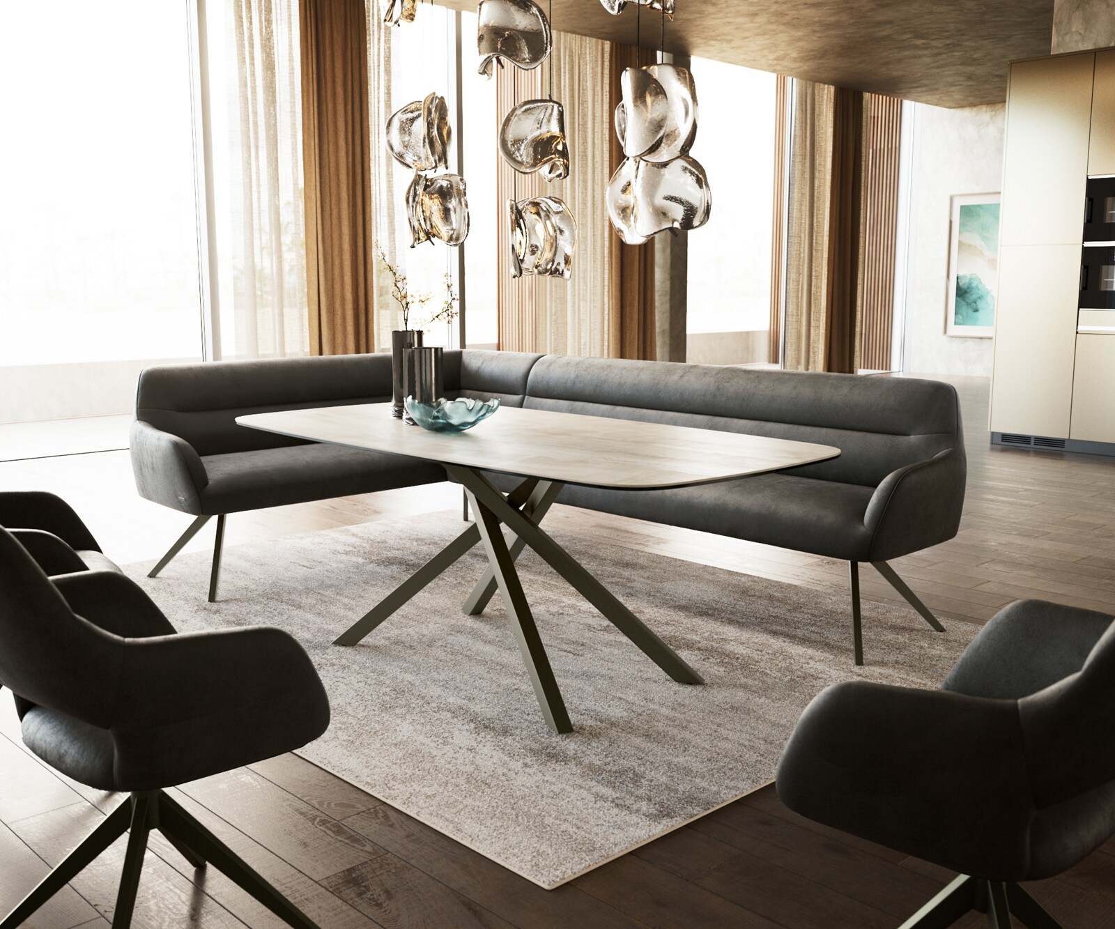 Esszimmerbank Taya-Flex 285x190 cm Mikrofaser Anthrazit Vintage Kreuzgestell kantig Effektfinish Titan Taschenfederkern Rechts 1