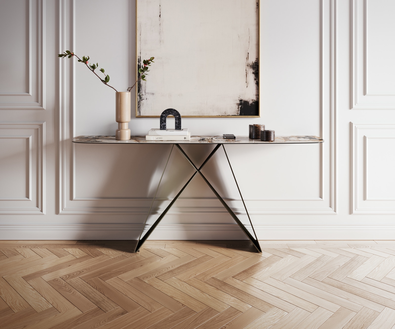 Konsolentisch Edge Boot 180x40 cm Keramik Patagonia Poliert Velio Metall Effektfinish Titan