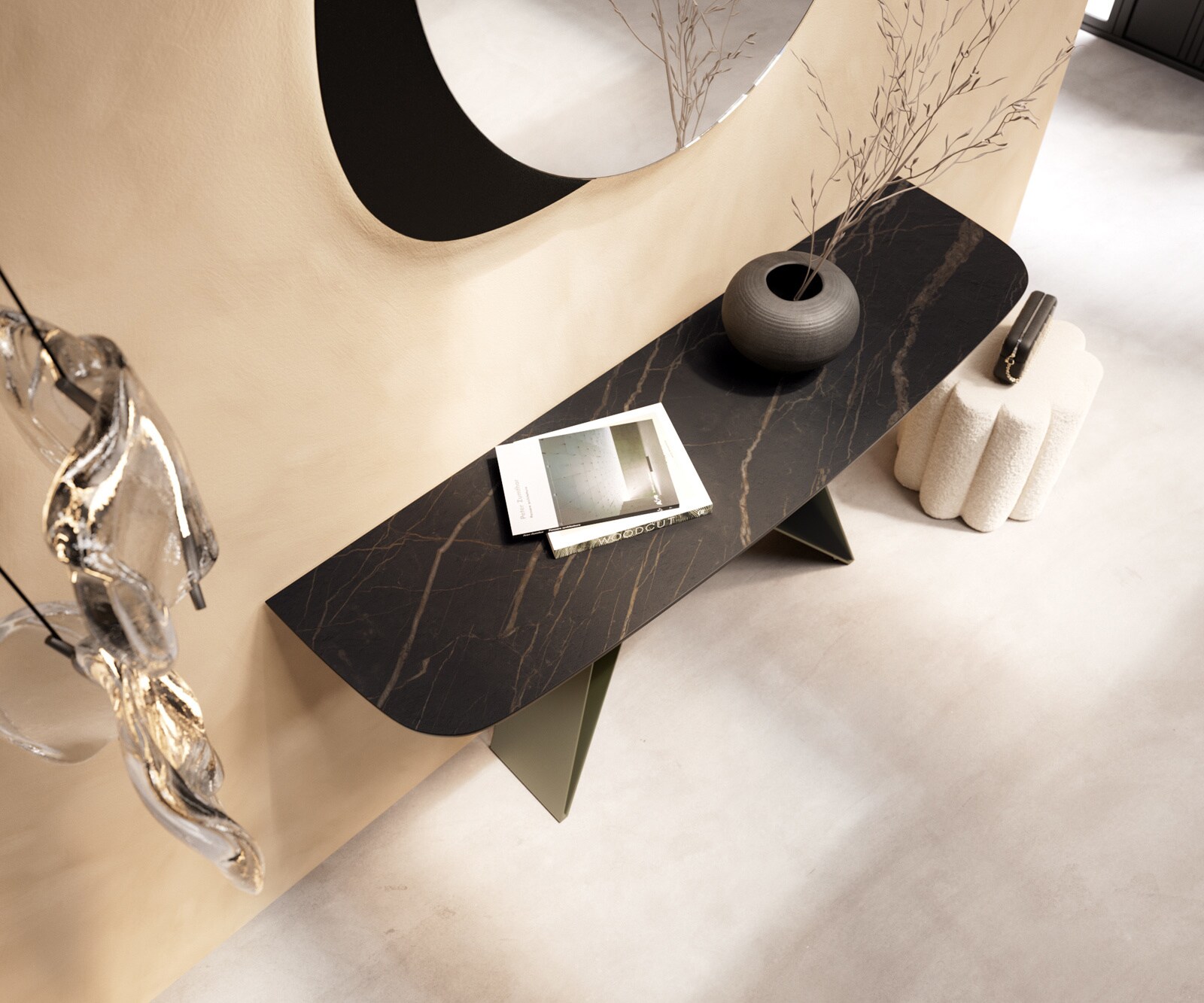 Konsolentisch Edge Boot 140x40 cm Keramik Laminam® Noir Desir Braun Velio Metall Effektfinish Titan 3