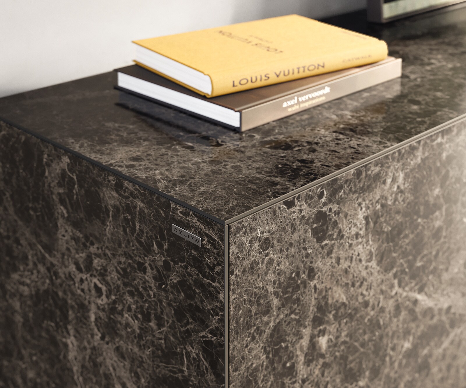 Sideboard Cuor 180 cm Keramik Laminam® Emperador Extra Lucidato Dunkelbraun 2 Türen 3 Schubfächer Fuß Schwebeoptik Metall Schwarz 5
