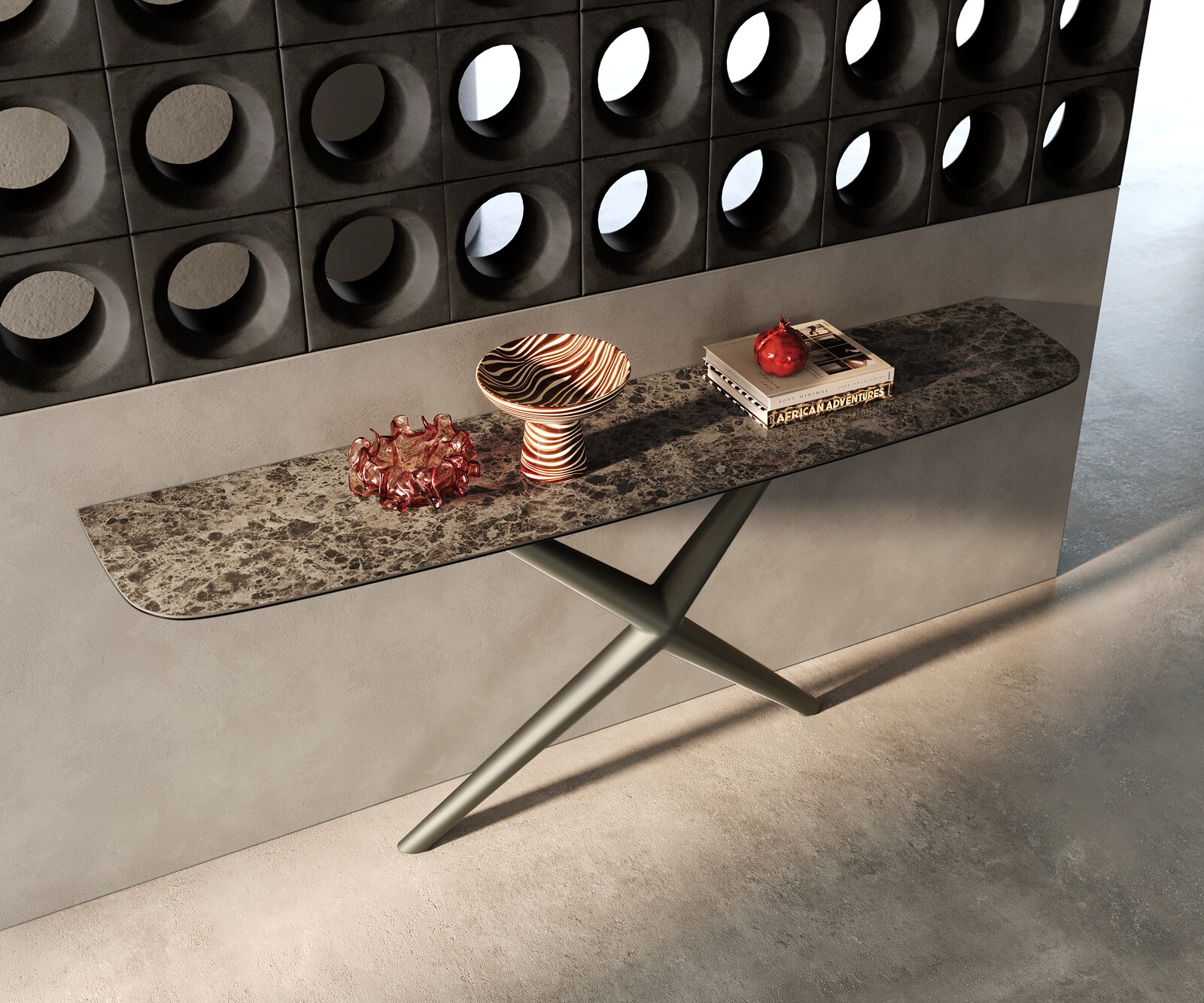 Konsolentisch Edge Boot 180x40 cm Keramik Emperador Extra Lucidato Dunkelbraun Estelo Metall Effektfinish Titan 1