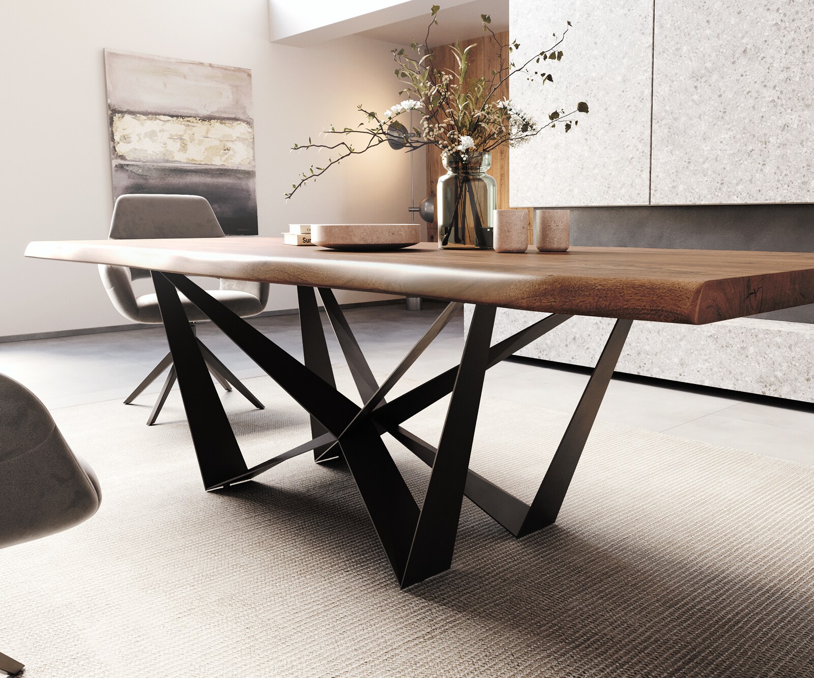 Esstisch Edge 260x100 XL Akazie Braun Spider Flachstahl Schwarz Live-Edge 4