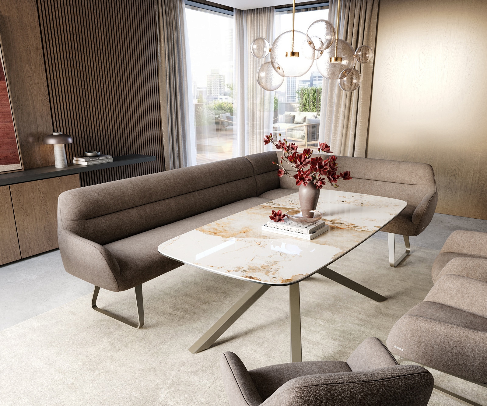 Esszimmerbank Taya-Flex 285x190 cm Strukturstoff Soft Taupe Kufengestell flach Effektfinish Titan Taschenfederkern Rechts