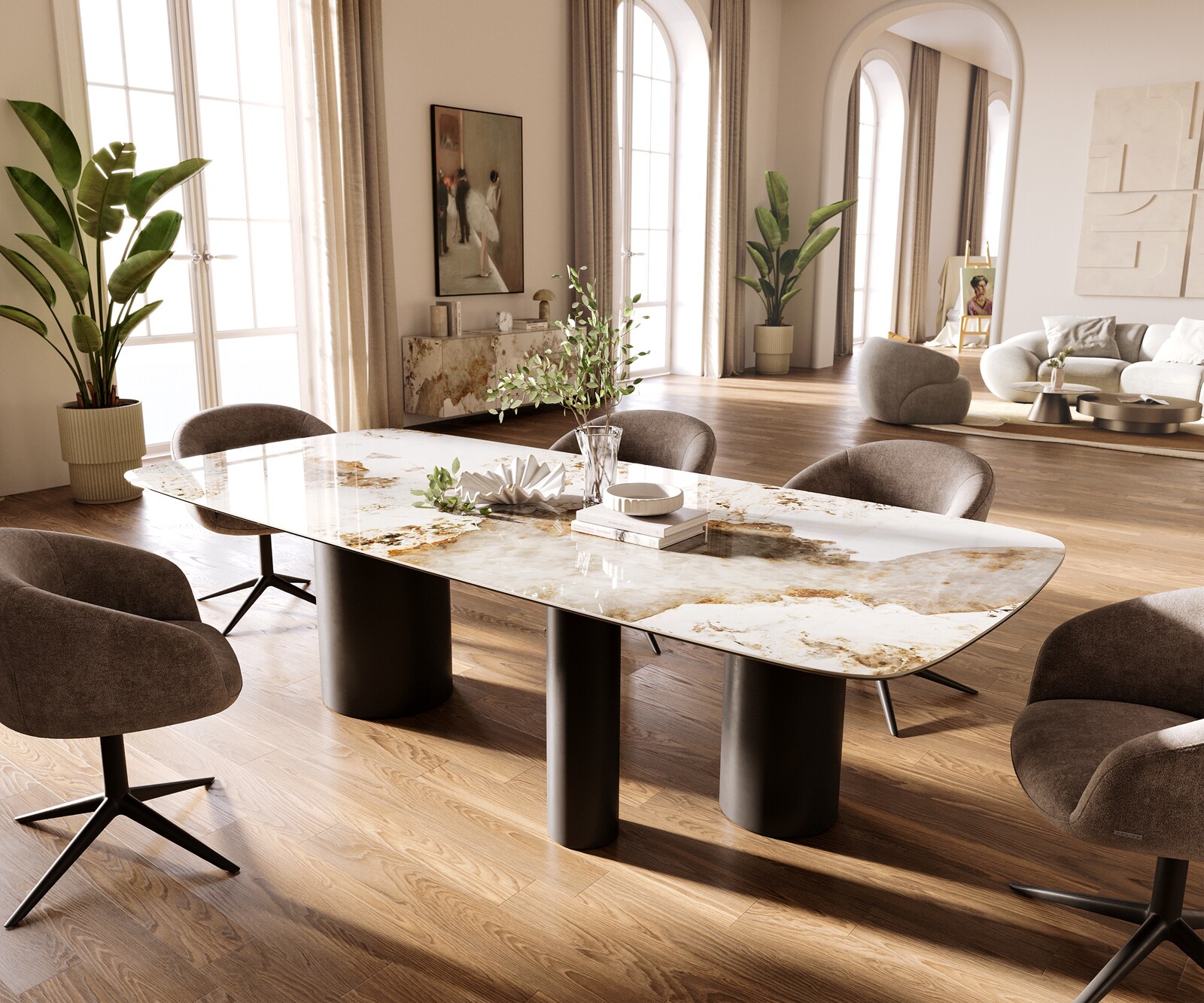 Esstisch Edge Boot 260x120 cm Keramik Minas Melange Weiß-Beige Troa Metall Schwarz 1