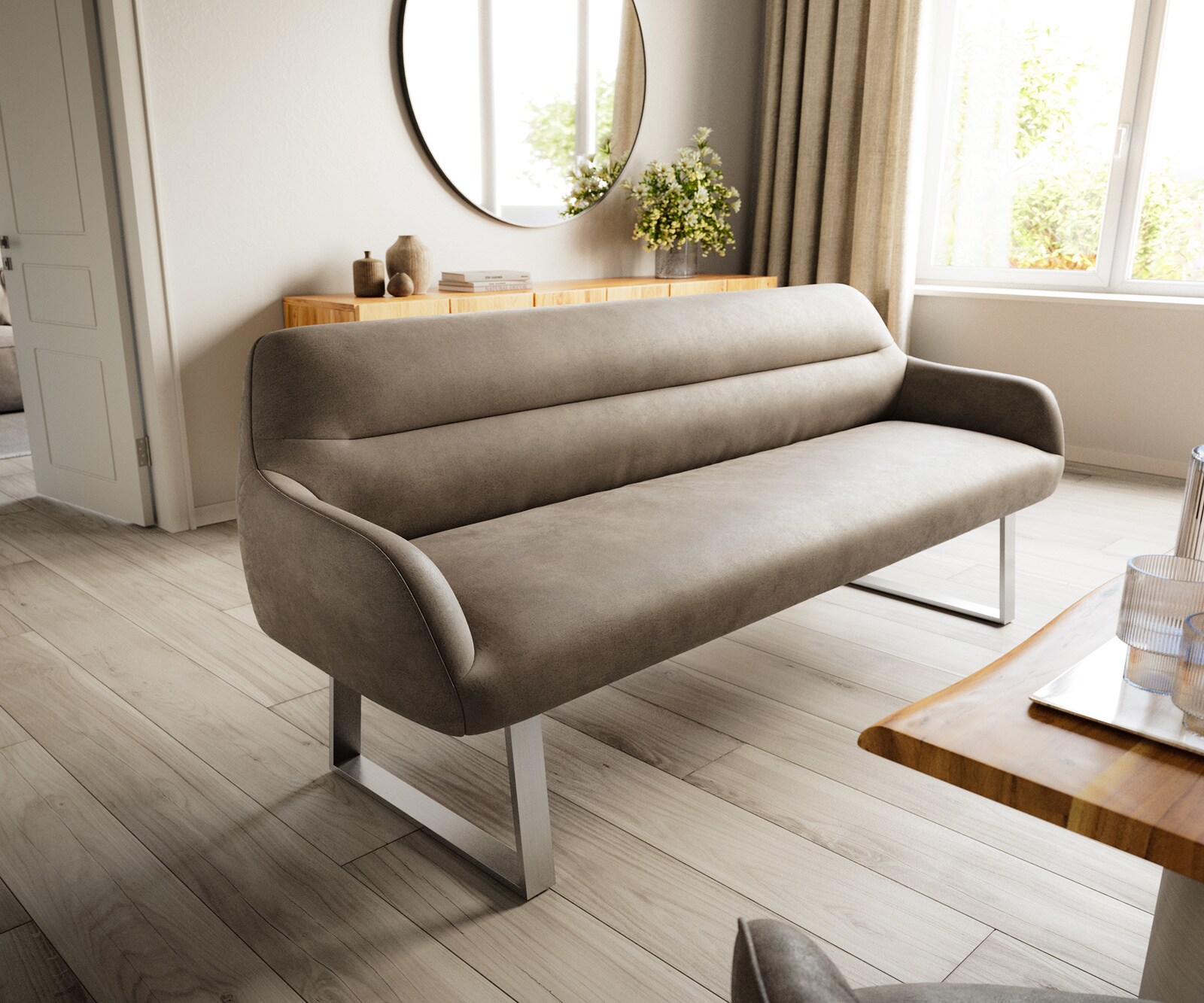 Esszimmerbank Taya-Flex 200 cm Mikrofaser Taupe Vintage Kufengestell kantig Edelstahl Taschenfederkern