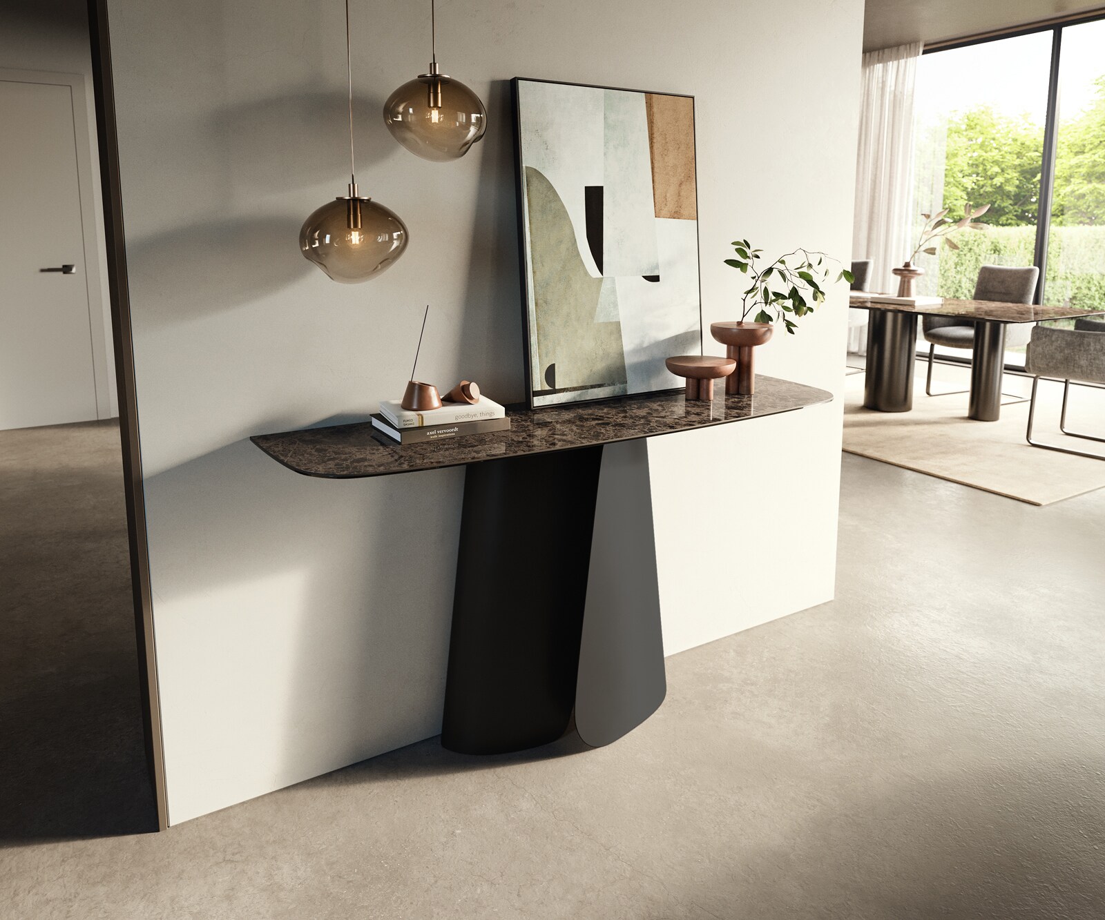 Konsolentisch Edge Boot 140x40 cm Keramik Emperador Extra Lucidato Dunkelbraun Livos Metall Schwarz 3