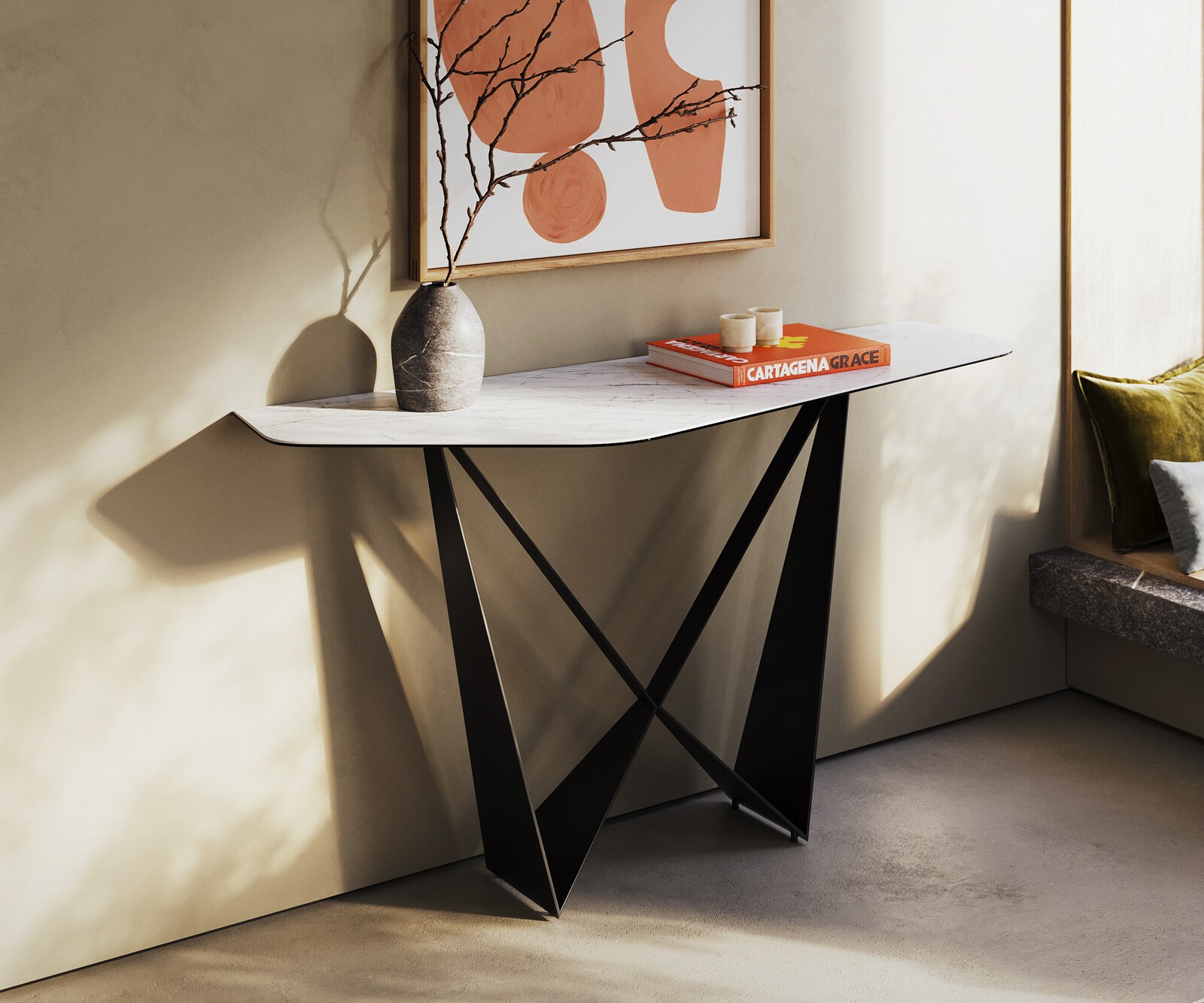 Konsolentisch Edge Polygonal 140x50 cm Keramik Laminam® Statuarietto Weiß Spios Metall Schwarz 3