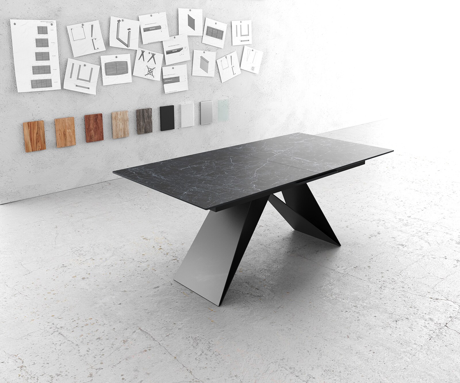 Esstisch Edge 180-220x100cm Keramik Laminam®Nero Greco Anthrazit V-Mittelfuß Schwarz ausziehbar 1