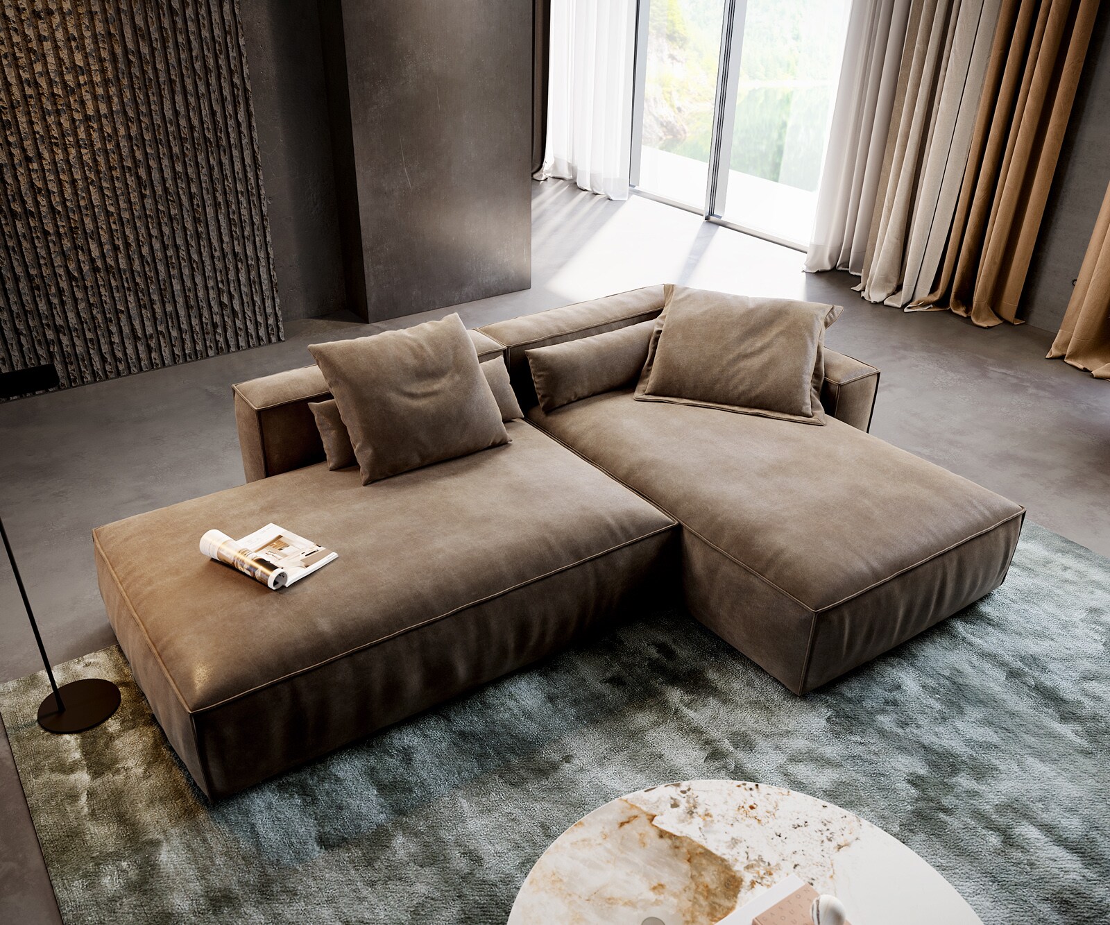 Ecksofa Freestyle 310x200 cm Mikrofaser Taupe Vintage Kedernaht 3