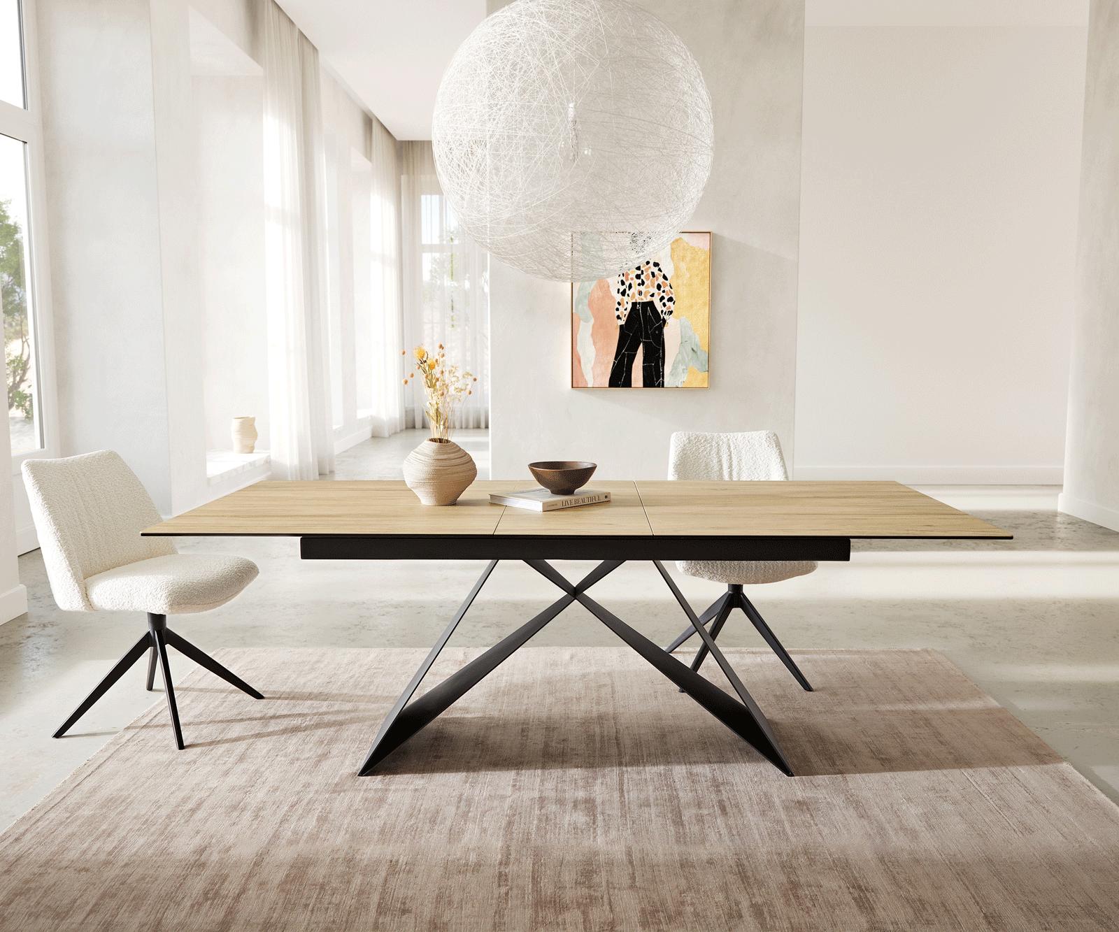 Esstisch Edge 180-220x100 Keramik Laminam® Sabbia Eichefarbig V-Gestell Flachstahl Schwarz ausziehbar 5