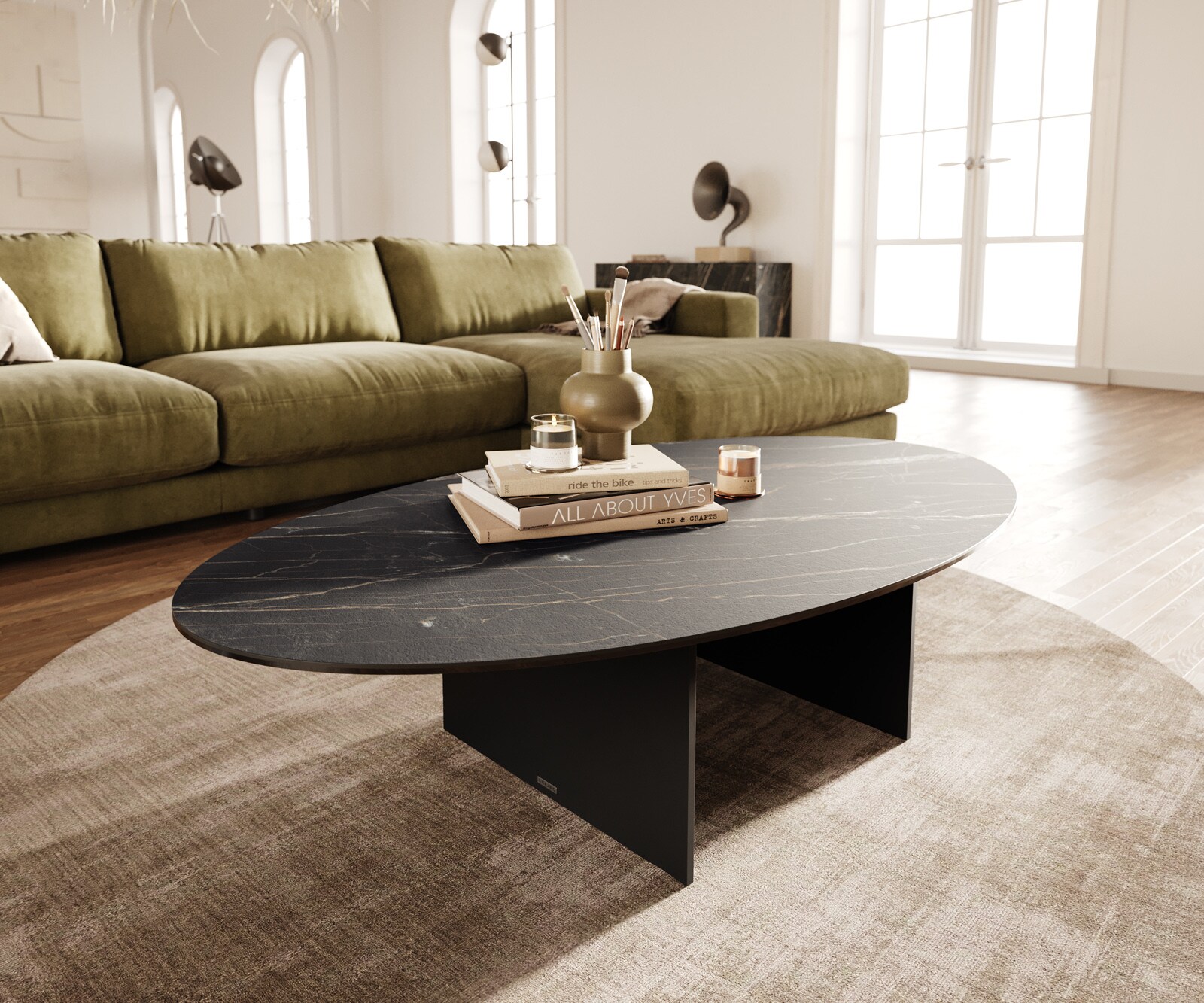 Couchtisch Edge Oval 140x80 cm Keramik Laminam® Noir Desir Braun Salto Metall Schwarz 1