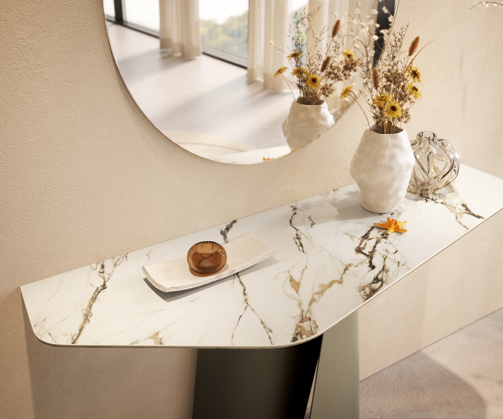 Konsolentisch Edge Polygonal 140x50 cm Keramik Calacatta Luxe Weiß-Gold-Grau Livos Metall Effektfinish Titan 5