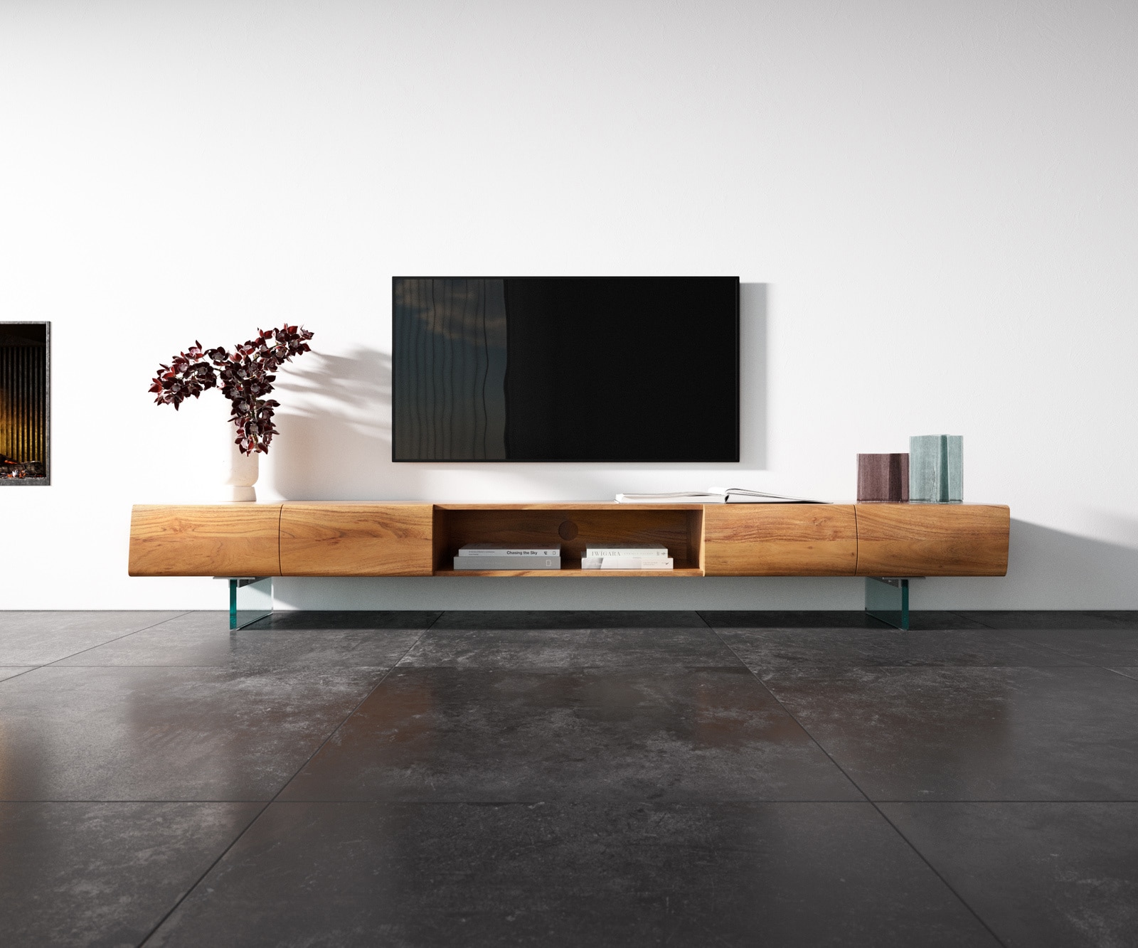 Lowboard New Live-Edge 240 cm Akazie Natur 4 Türen 1 Fach Glasfuß 3 Lowboard New Live-Edge 240 cm Akazie Natur 4 Türen 1 Fach Glasfuß 3