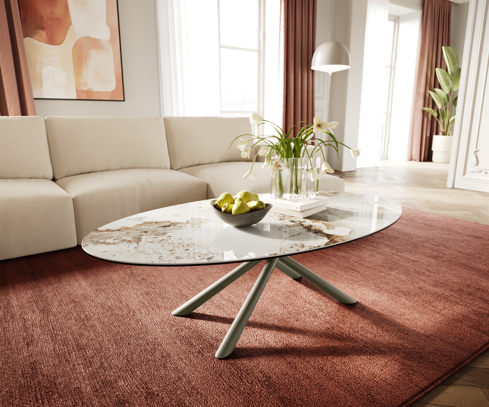 DELIFE Couchtisch Edge Oval 140x80 cm Keramik Minas Melange Sarity Metall Effektfinish Titan