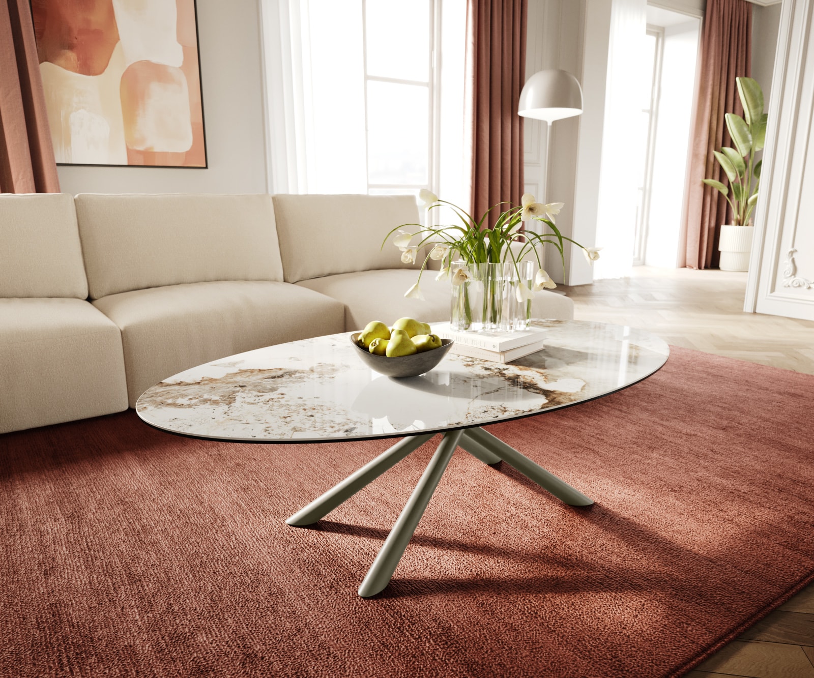 Couchtisch Edge Oval 140x80 cm Keramik Minas Melange Sarity Metall Effektfinish Titan 1