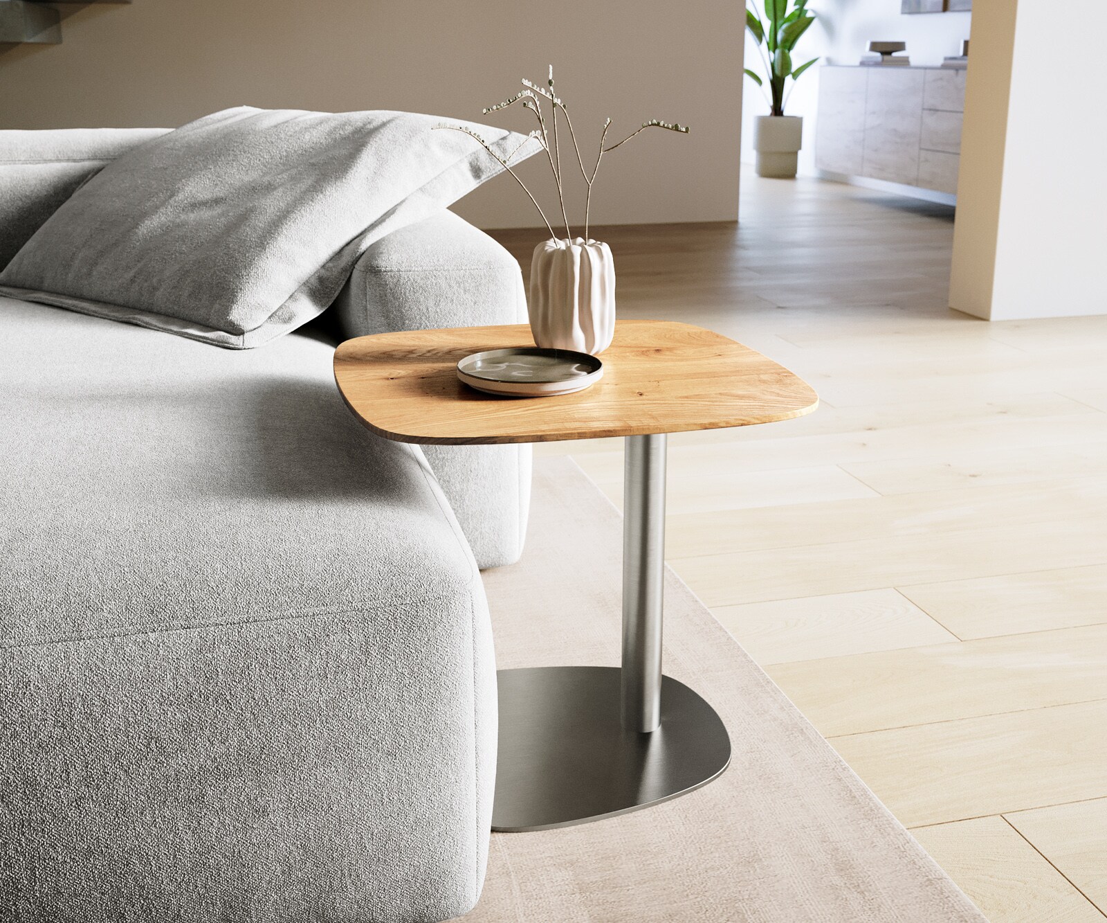 Couchtisch Edge Boot 50x50 cm Eiche Natur Schweizer Kante Eleny Edelstahl gebürstet 1