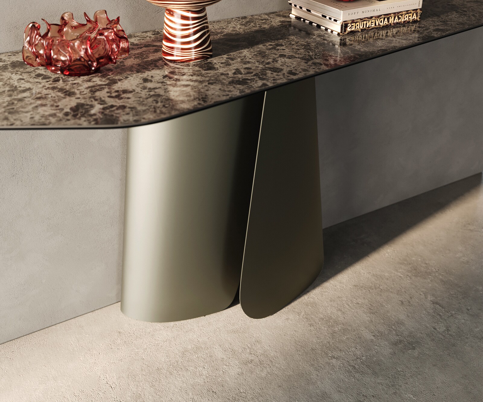 Konsolentisch Edge Polygonal 180x50 cm Keramik Emperador Extra Lucidato Dunkelbraun Livos Metall Effektfinish Titan 5