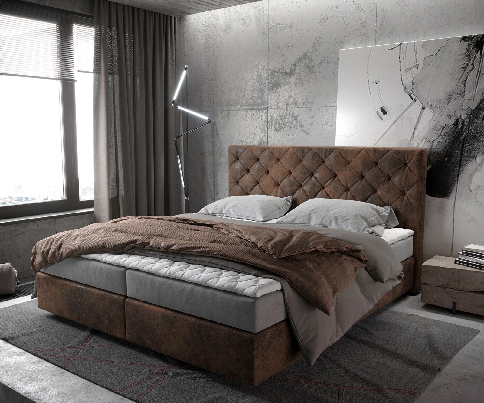 Boxspringbett Dream-Great 180x200 cm Braun Vintage mit Matratze und Topper
