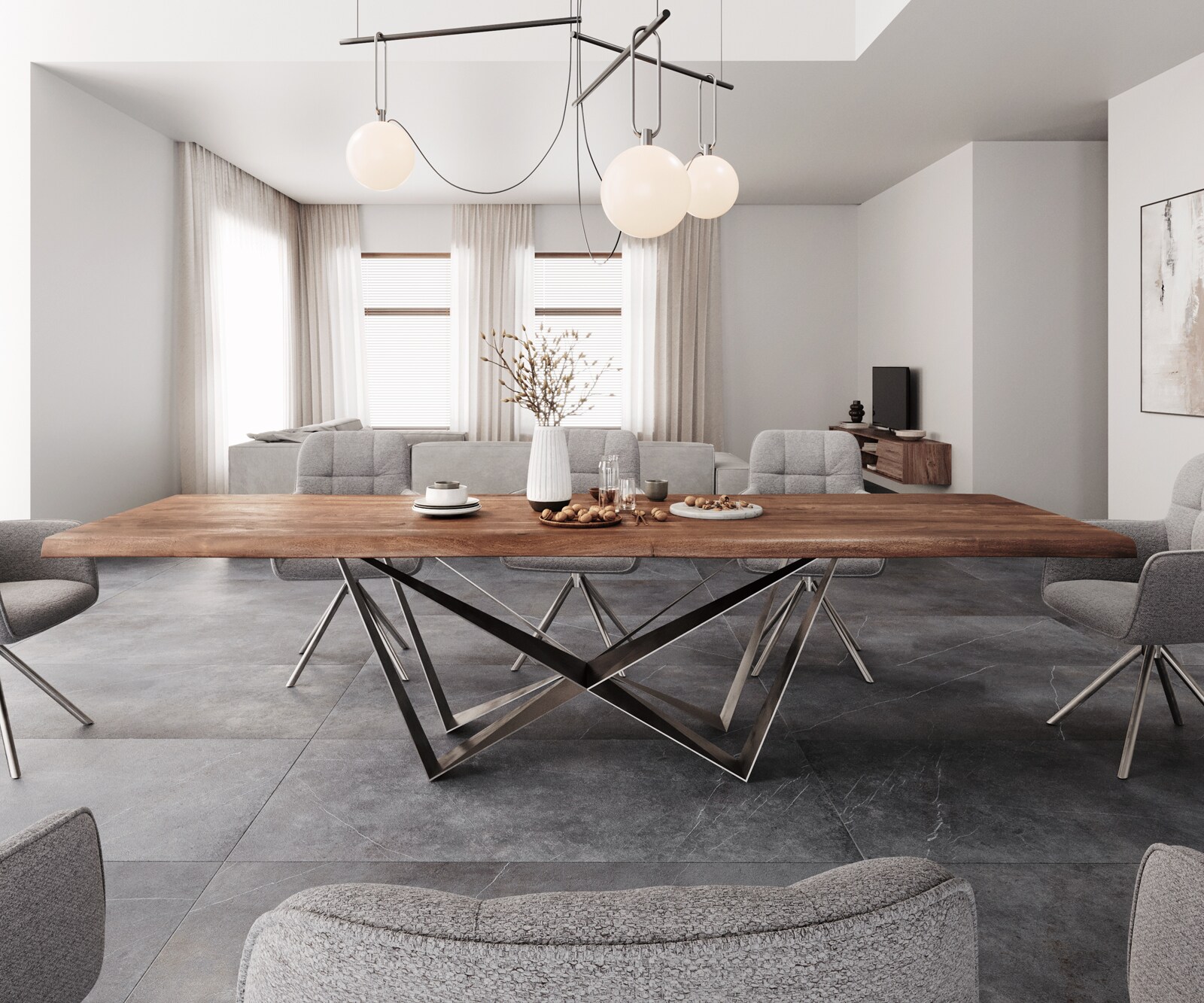 Esstisch Edge 300x100 XL Akazie Braun Spider Flachstahl Edelstahl Live-Edge 1