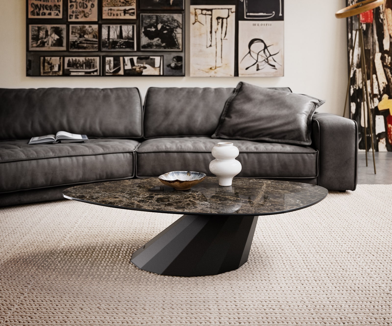 Couchtisch Edge Organisch 140x76 cm Keramik Emperador Extra Lucidato Dunkelbraun Parabi Metall Schwarz