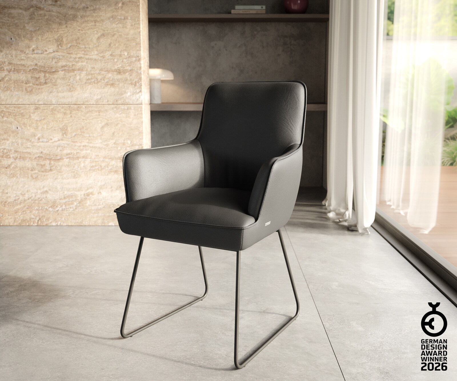 Esszimmerstuhl Heira-Flex mit Armlehnen Echt-Leder Schwarz Kufengestell Schwarz Taschenfederkern