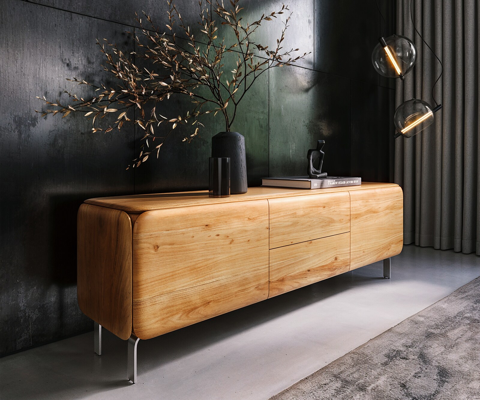 Lowboard Shavani 175 cm Akazie Natur 2 Türen 2 Schubladen L-Fuß Edelstahl Silber 1