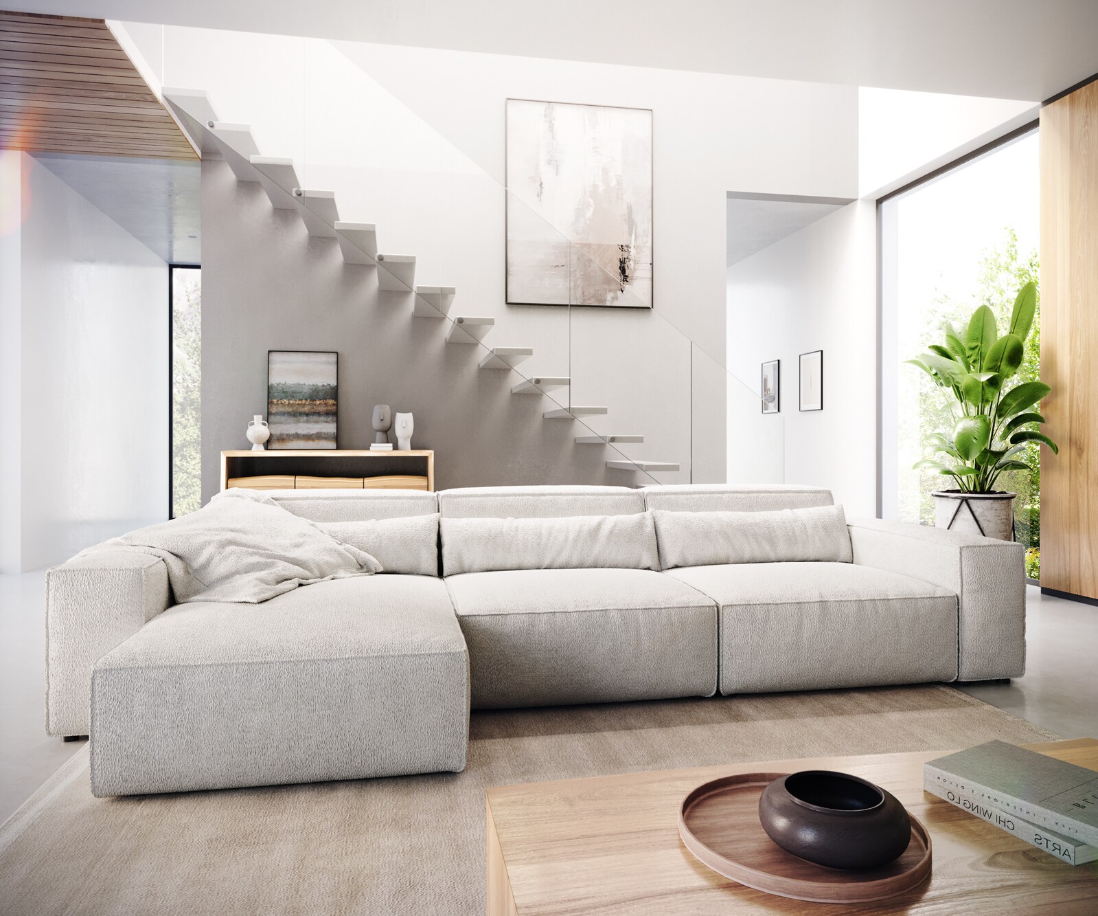 Ecksofa Sirpio L 350x160 cm Bouclé Creme-Weiß Recamiere variabel 1