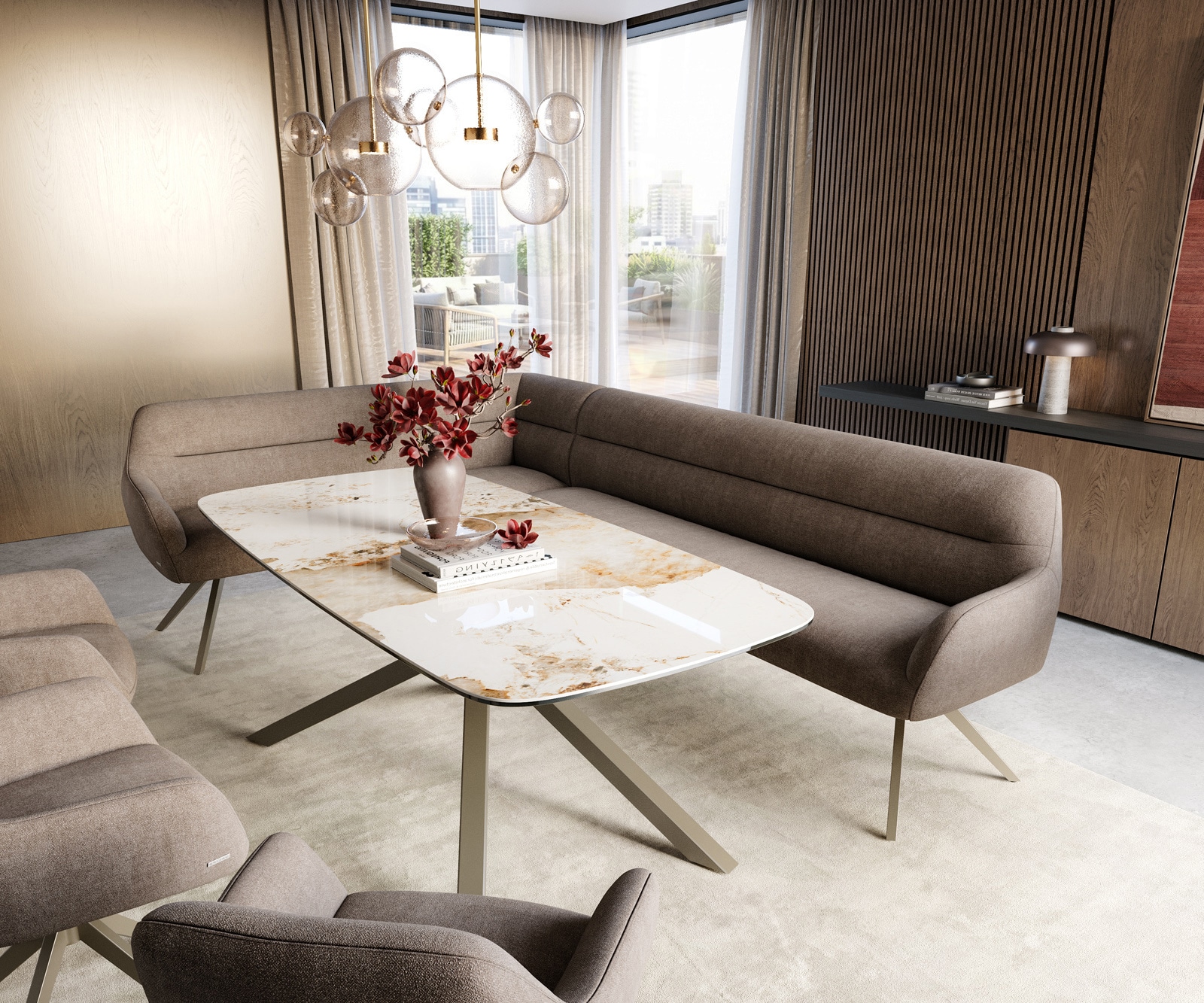 Esszimmerbank Taya-Flex 285x190 cm Strukturstoff Soft Taupe Kreuzgestell kantig Effektfinish Titan Taschenfederkern Rechts