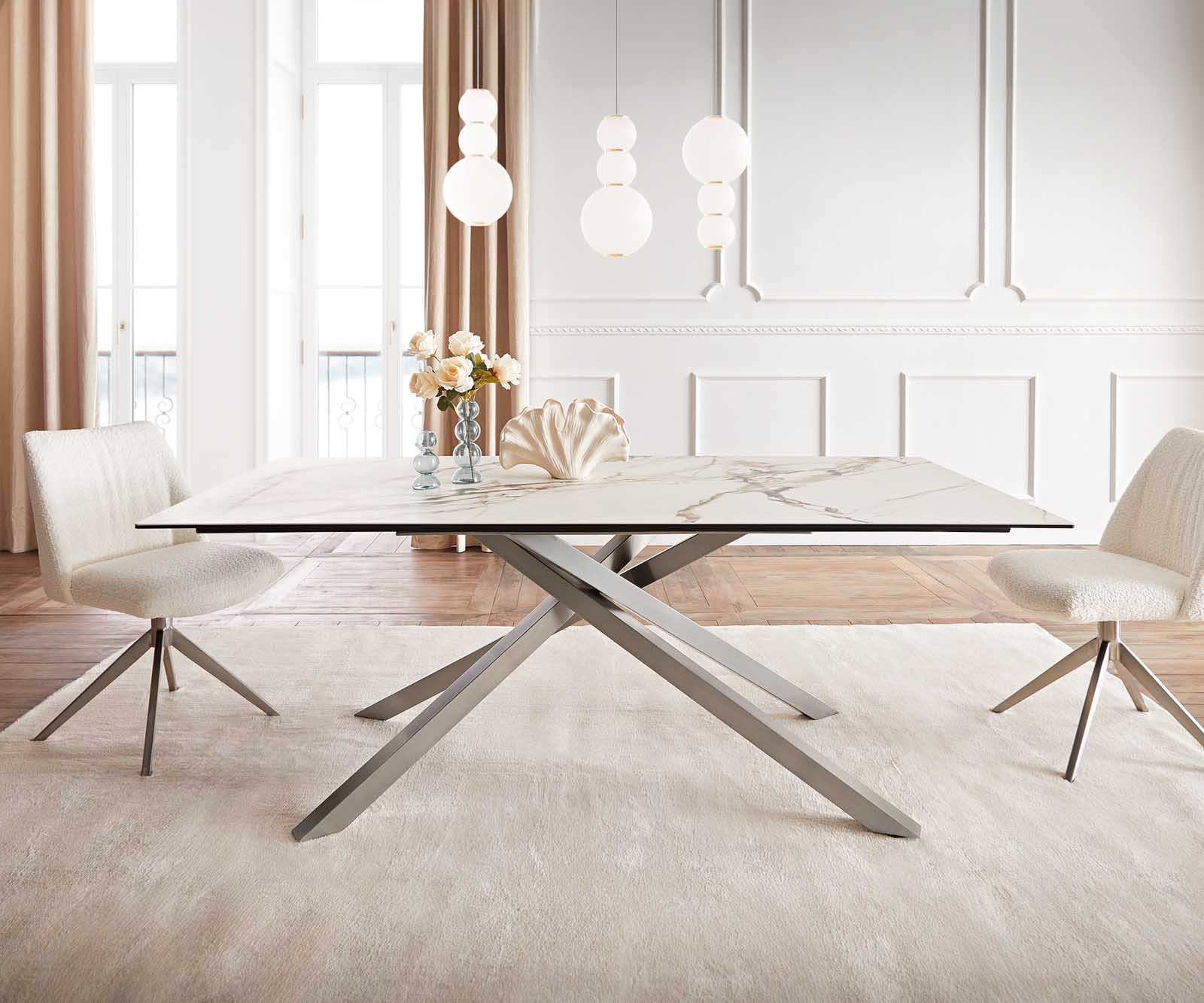 Esstisch Edge 200x100 Keramik Calacatta Luxe Weiß-Gold-Grau Kreuzgestell Rechteck Edelstahl Esstisch Edge 200x100 Keramik Calacatta Luxe Weiß-Gold-Grau Kreuzgestell Rechteck Edelstahl