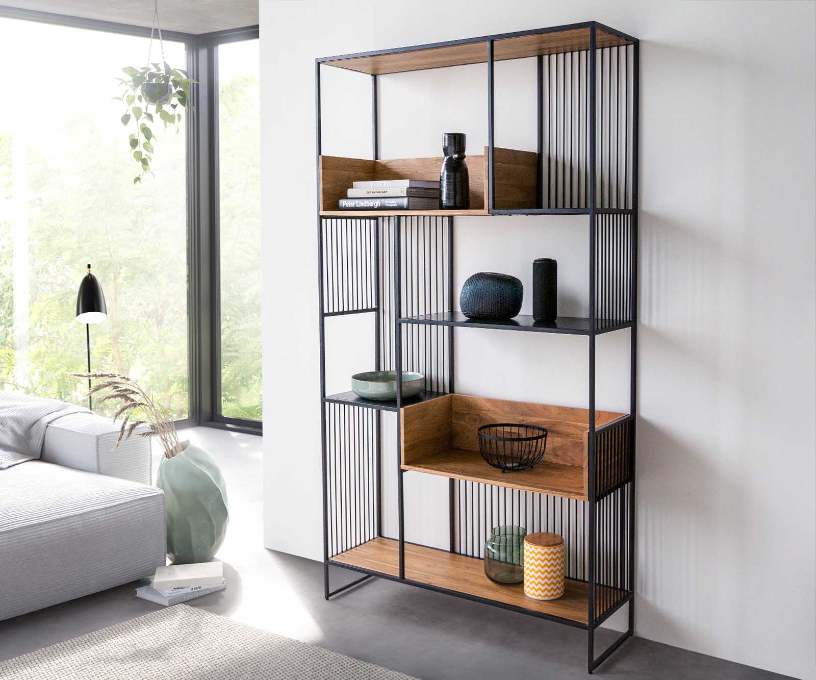 Bücherregal Lukeo 115x200 cm Akazie Natur Metall Schwarz 1