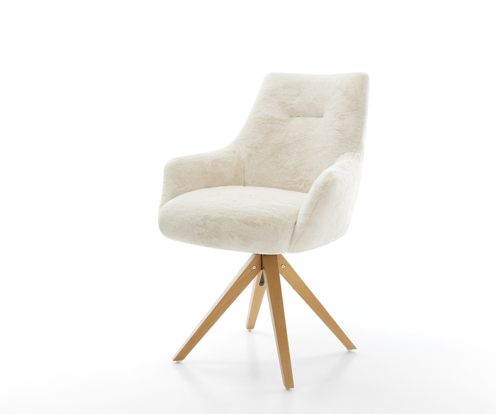 Drehstuhl Alja-Flex mit Armlehnen Plüsch Creme-Weiß Holzgestell kantig Natur 180° drehbar Taschenfederkern