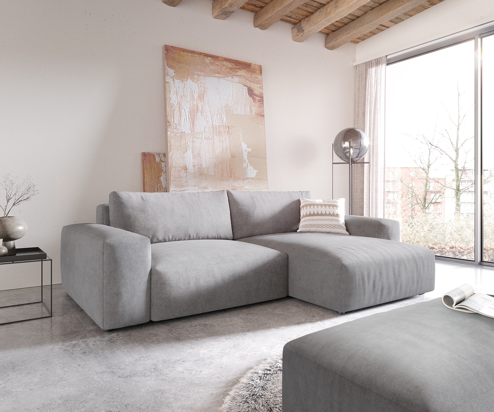 Ecksofa Lanzo XL 270x180 cm Mikrofaser Grau Recamiere variabel mit Hocker Ecksofa Lanzo XL 270x180 cm Mikrofaser Grau Recamiere variabel mit Hocker
