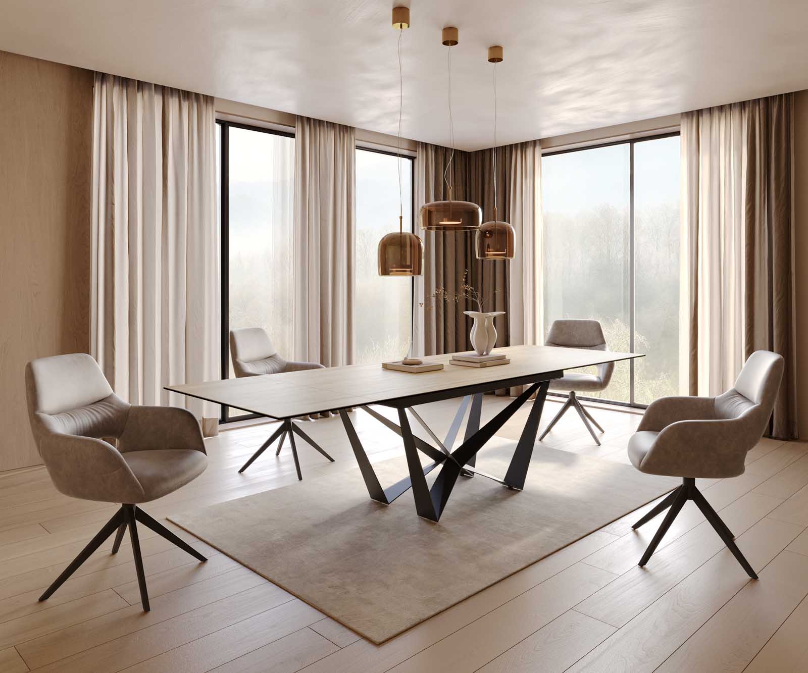 Esstisch Edge 200-300x100 Keramik Laminam® Sabbia Eichefarbig Spider Flachstahl Schwarz ausziehbar 7