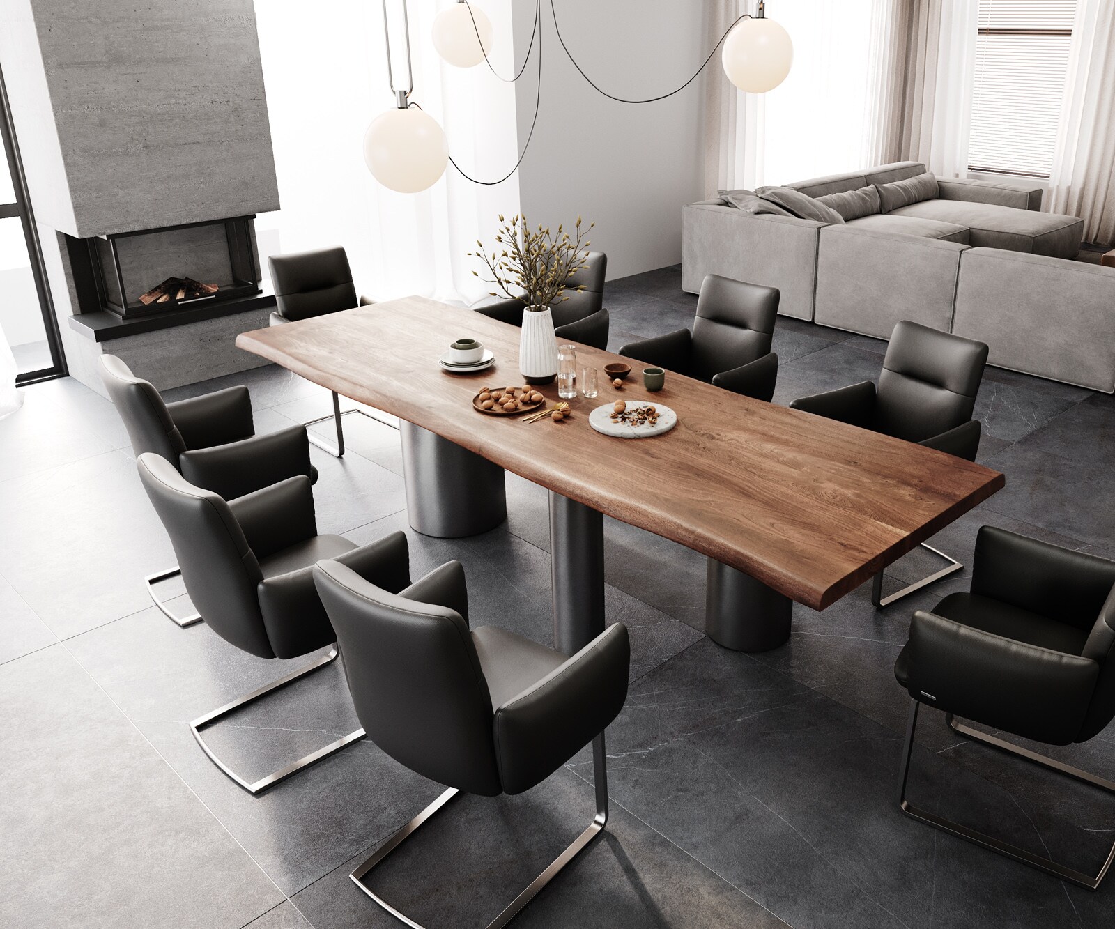 Esstisch Edge 300x100 XL Akazie Braun Troa Edelstahl Graphit Live-Edge 4