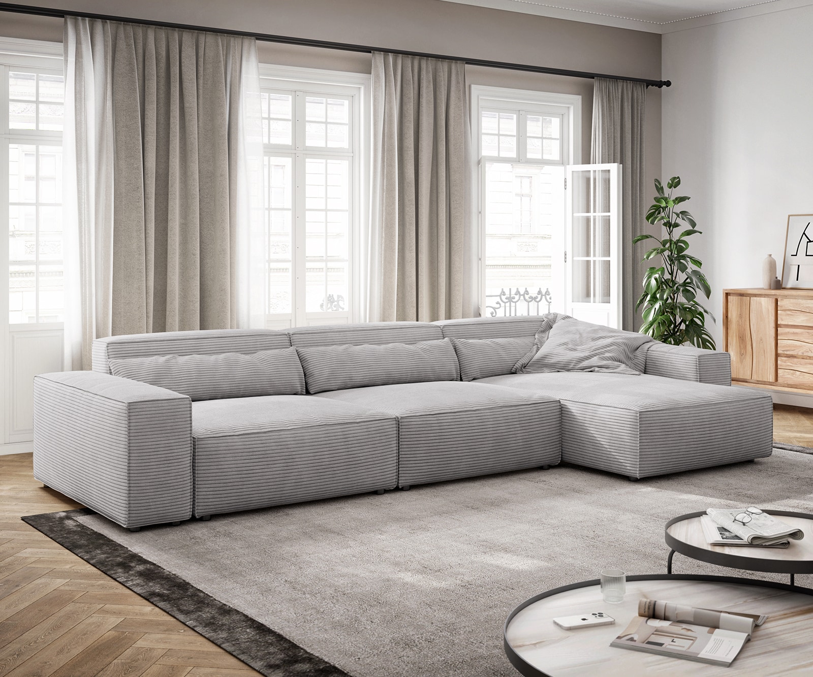 Ecksofa Sirpio XL 370x170 cm Cord Silbergrau Recamiere variabel 1