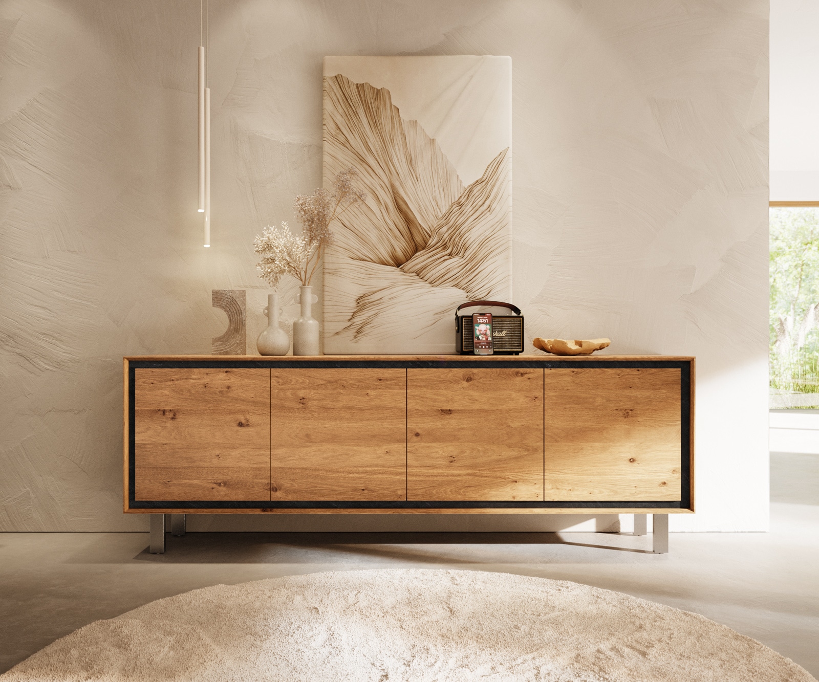 Sideboard Stonegrace 200 cm Eiche Natur 4 Türen Fuß Vierkant Edelstahl gebürstet 1 Sideboard Stonegrace 200 cm Eiche Natur 4 Türen Fuß Vierkant Edelstahl gebürstet 1